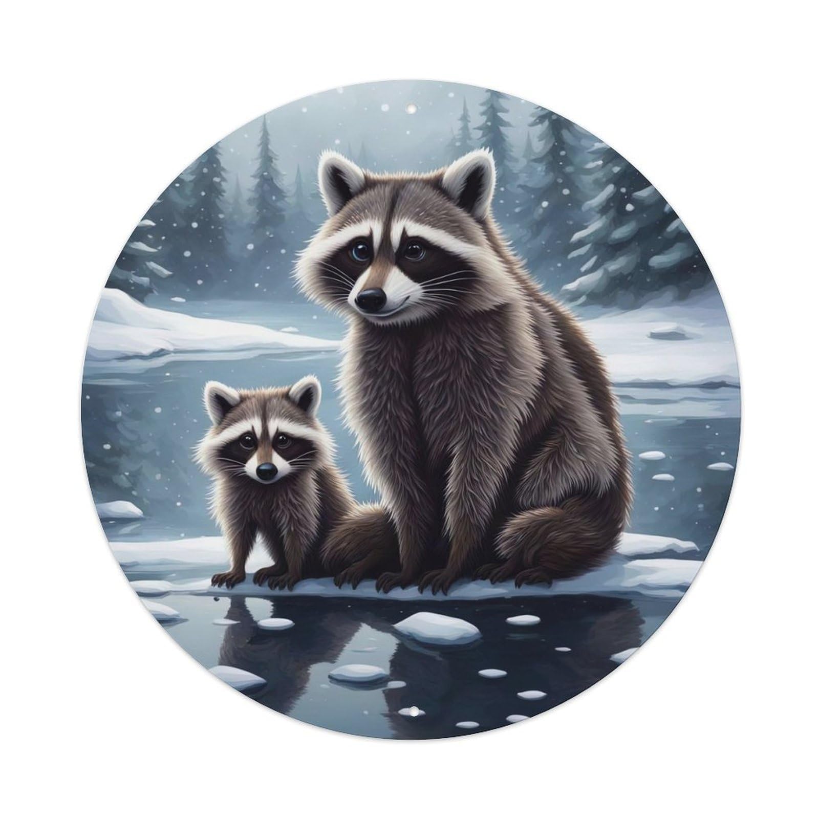 Wildlife Artwork Two Raccoons on The Lake Vintage Metal Tin Sign Plaque Wall Decor for Cafe, Club, Garden Round Metal Poster 8x8Inch