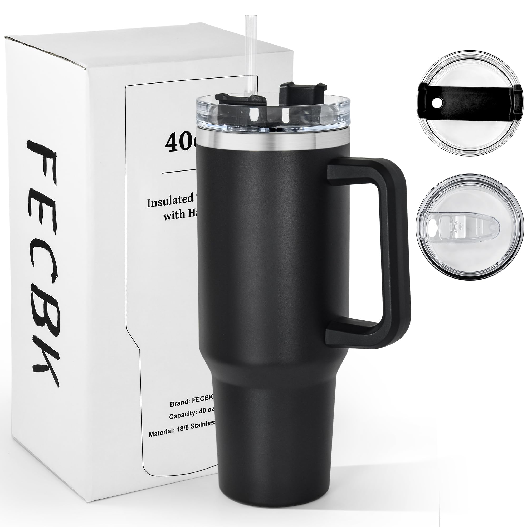 FECBK 40oz Tumbler with Straw and Lid 1.2L, 100% Leak-Proof Travel Mug with Handle, Stainless Steel Double Wall Vacuum Insulated Water Bottle Coffee Cup, Black — image 1