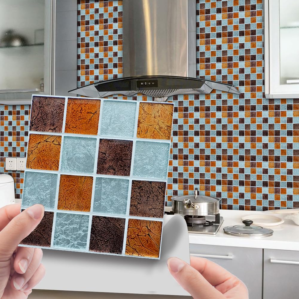 Moroccan Tile Stickers for Kitchen， Tile Stickers Blue Orange Mosaic 10 Pcs Multiple Sizes Waterproof Oil-Proof(10 Pcs/20x20cm)