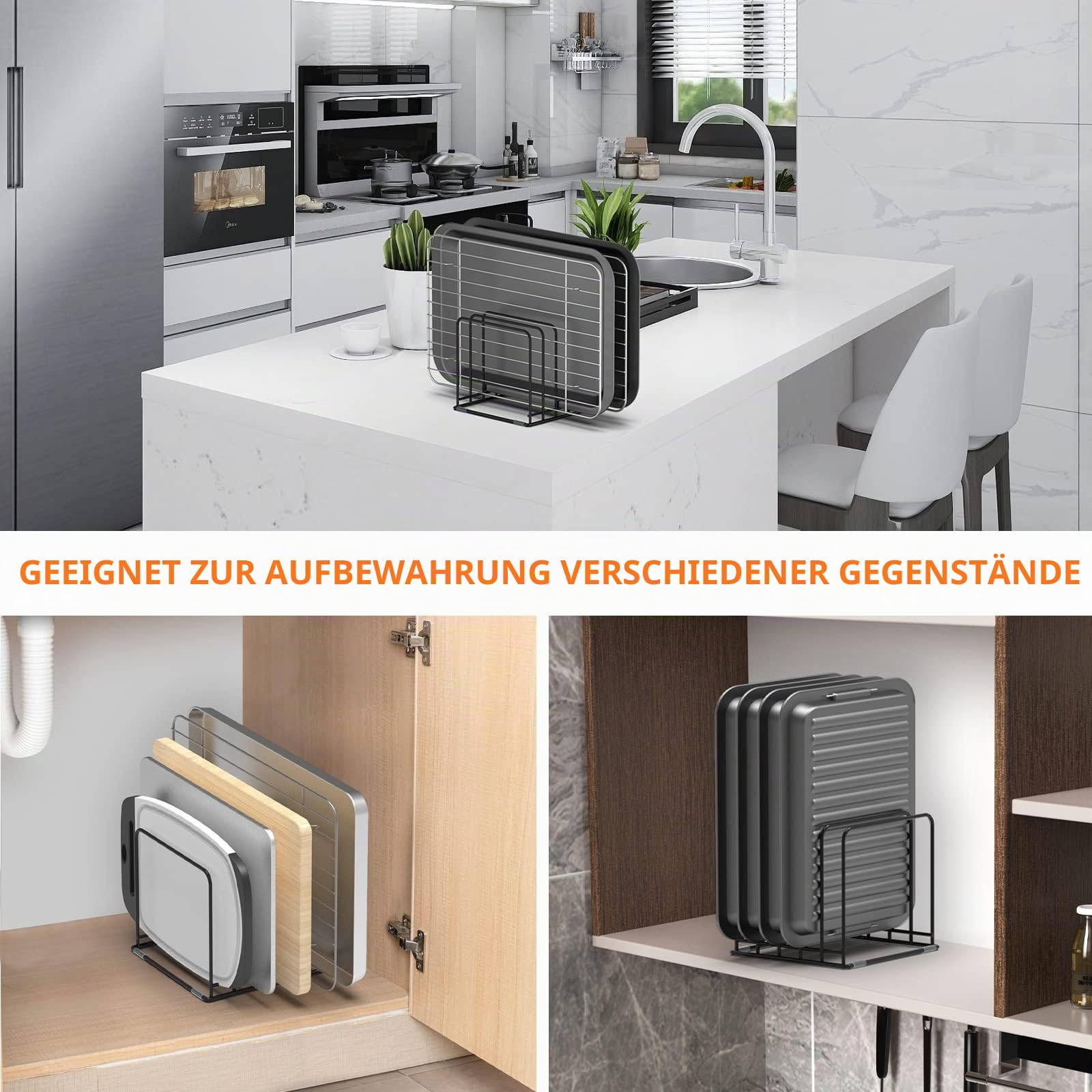 KORRTFID Küchenschrank-Organizer, Stahl-Kochgeschirrhalter, geteilter Halter mit 5 Schlitzen für Bratpfannen, Backblech und Schneidebrett-Gestell – Pfannenhalter Aufbewahrung (1 Stück)