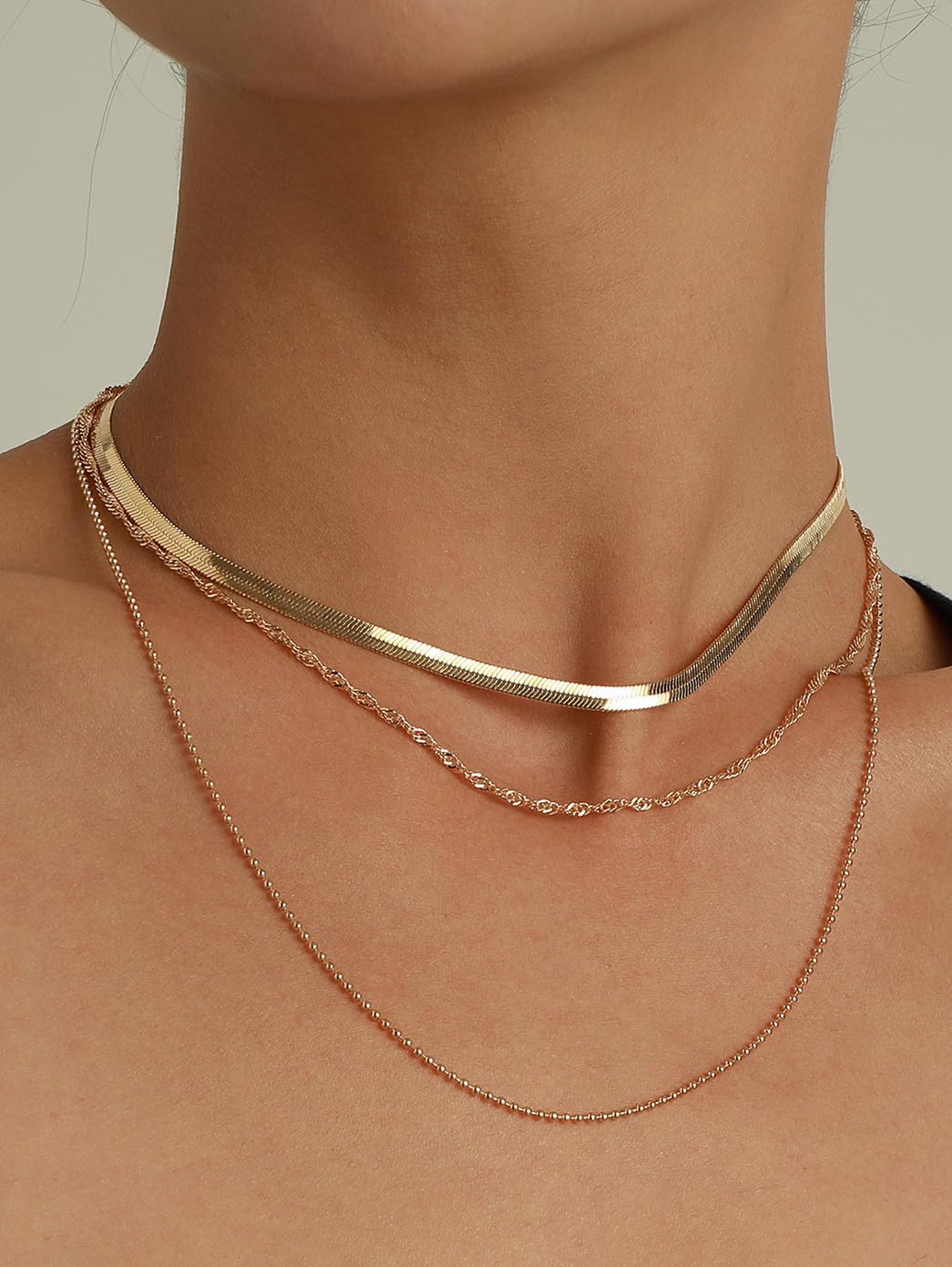 Layered Necklaces Set for Women, 3PCS Dainty Gold Plated Necklace Stackable Non-Tarnish Chunky Herringbone Paperclip Chain Jewelry Gifts, Adjustable Hypoallergenic Fashion Chains - Image 2