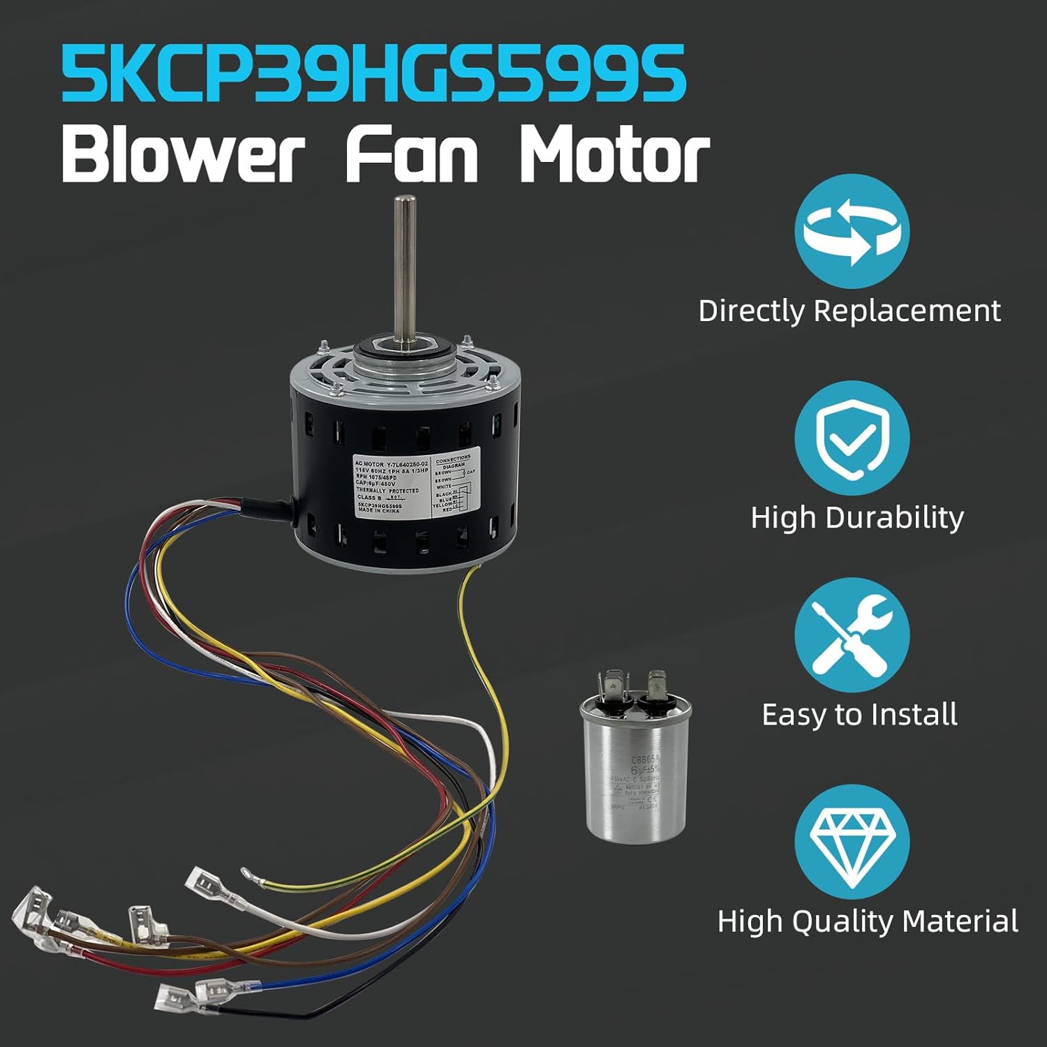 5KCP39HGS599S Furnace Blower Motor 1/3HP 115V 1075RPM 60Hz 5.8A 4-Speed, Compatible with GE Genteq, American Standard & Trane Models MOT9053, MOT09053, MOT18948, MOT04716, MOT04722, MOT13512, MOT16953
