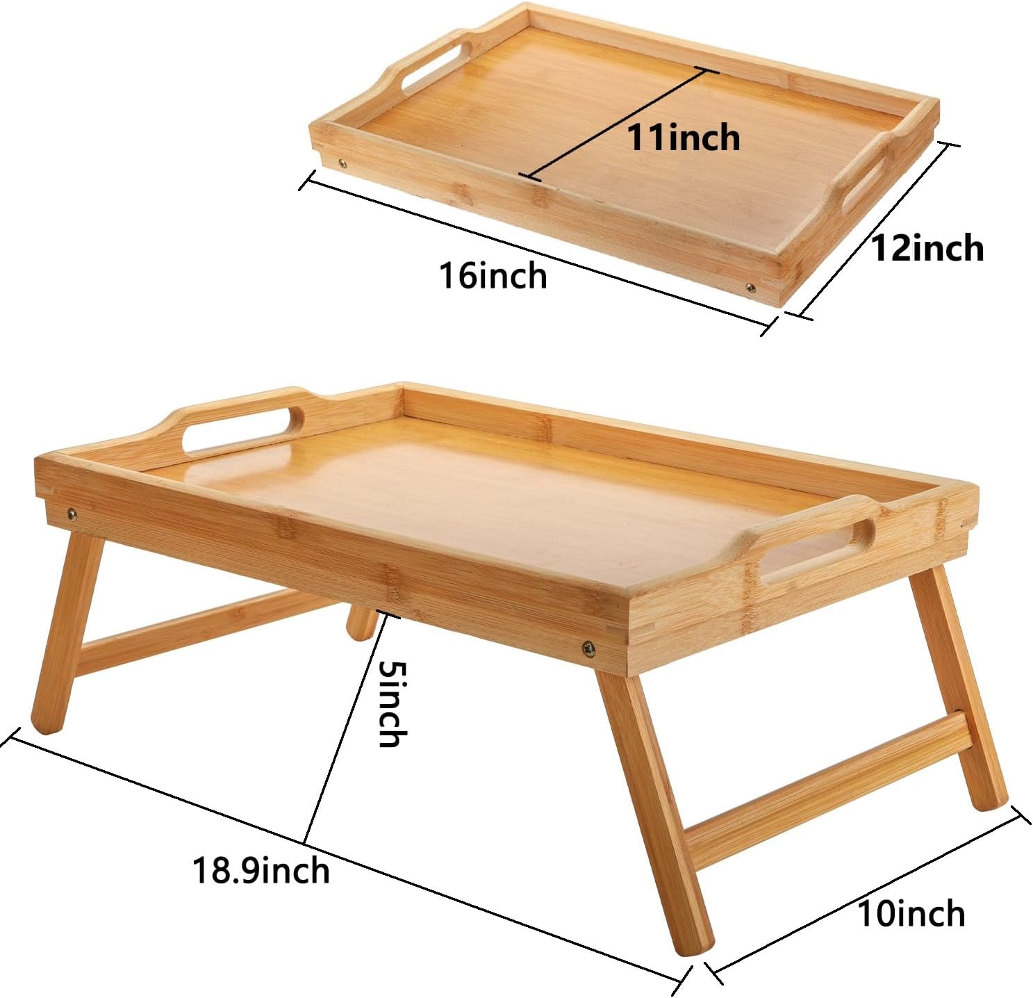 Lawei 2 Pack Bamboo Foldable Breakfast Table, Bed Tray Table with Legs, Serving Tray with Handles, Portable Food Table for Serving Breakfast in Bed, Laptop Desk Snack Tray for Eating, Reading, Working