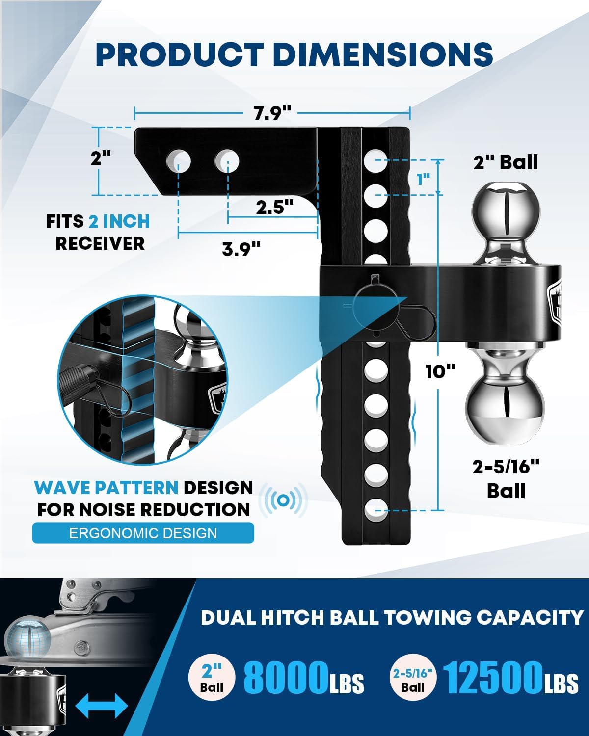 Kohree 10" Adjustable Trailer Hitch with Anti Rattle Hitch Clamp Fit 2 Inch Receiver, Dual Ball 2" and 2-5/16"(12,500 LBS GTW), Drop & Rise Heavy Duty Aluminum Tow Hitch with 2 Locking Hitch Pin