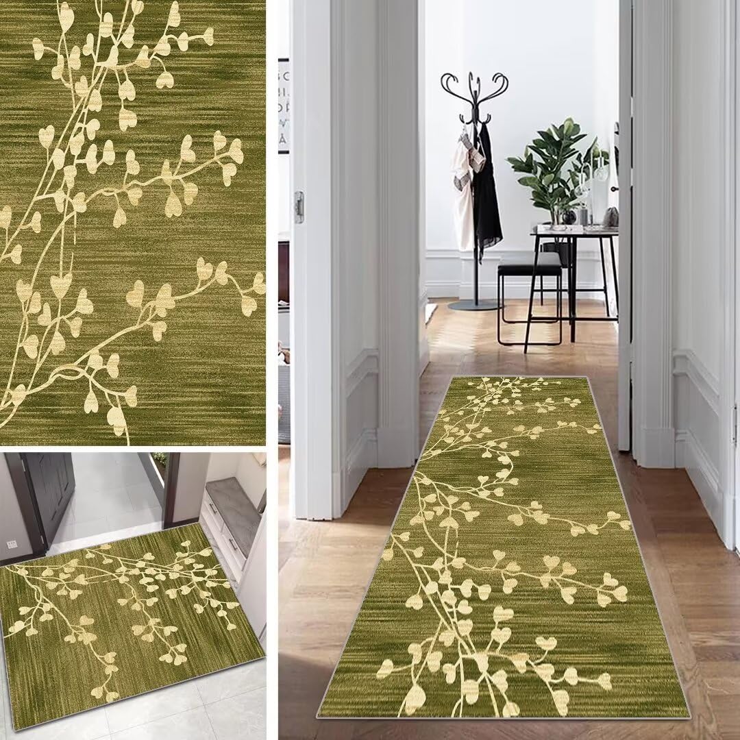 Grün Läufer Teppich Lang Vintage Flur Läufer rutschfest Waschbar 70x240cm Modern Blattmuster Dauerhaft Läuferteppich TeppichLäufer Küchen Korridor Polyester Anpassbar Meterware
