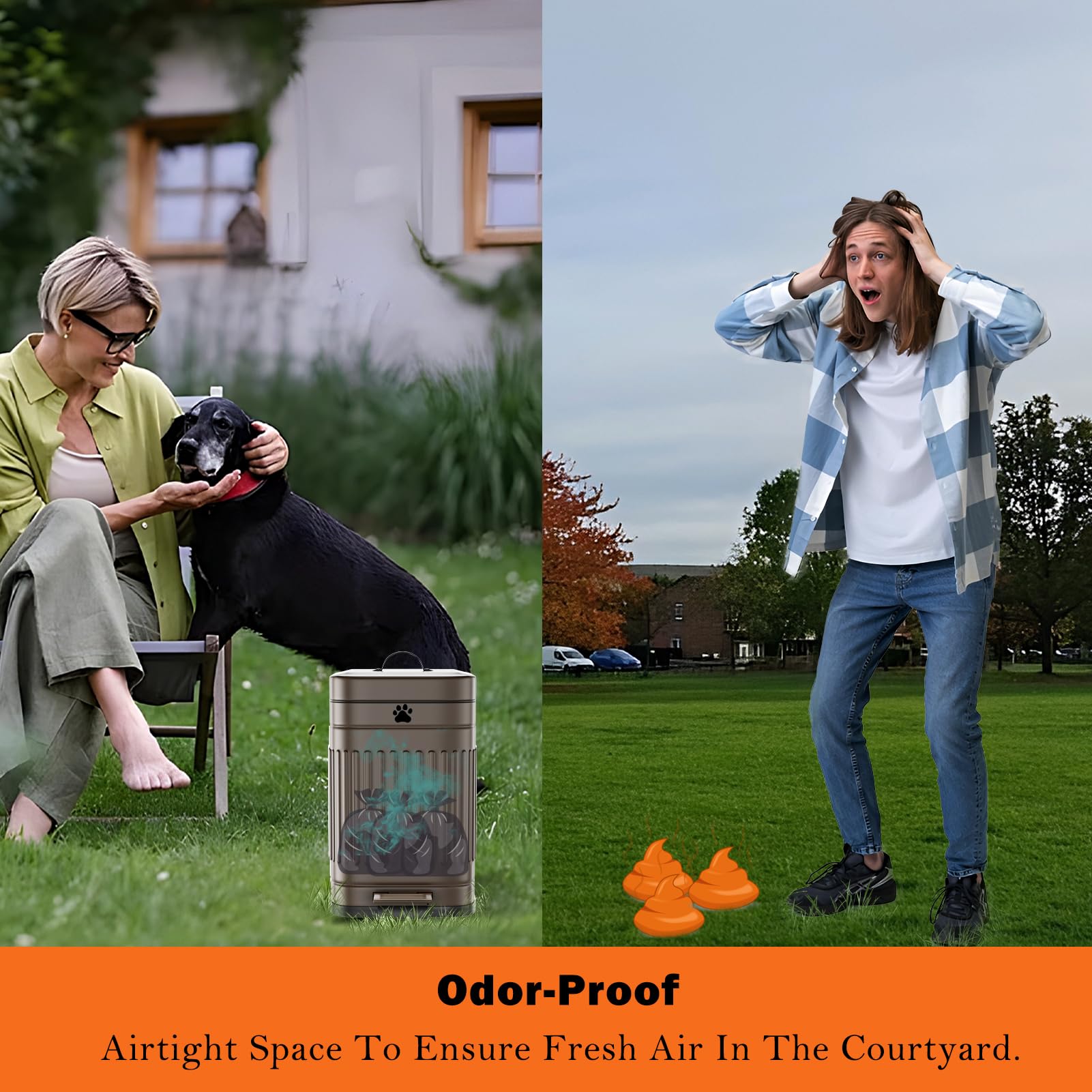 Bote de basura para excrementos de perro en el exterior, cubo de basura de metal para exteriores con tapa, pedal de pie, cubo de basura para perros con 40 bolsas de basura para perros, cubo