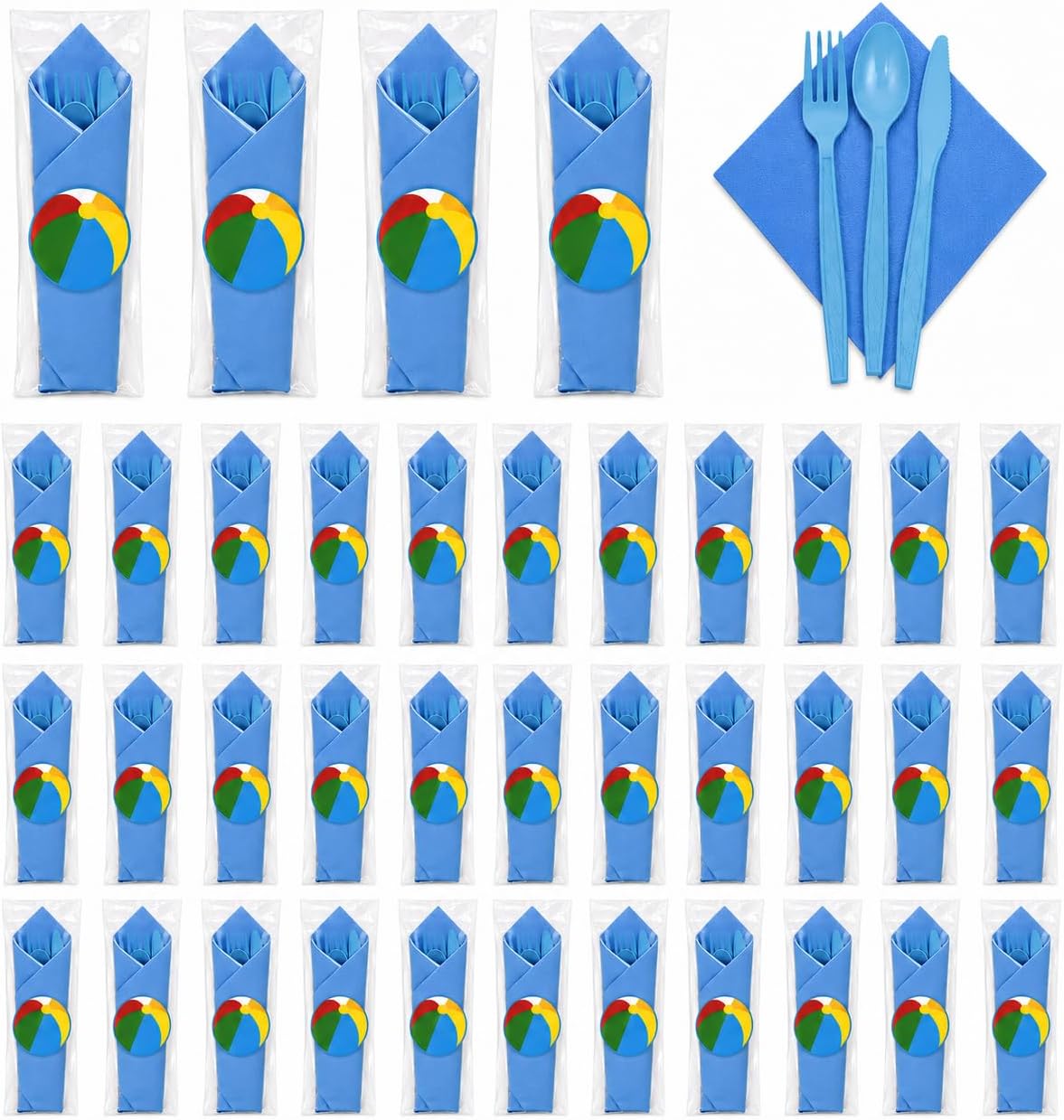 Cinrobiye 40 Guest Disposable Silverware Set, Pre Rolled Fork Spoon Knife with Blue Napkins, Individually Wrapped Plastic Cutlery Kit for Parties, BBQ, Wedding, Picnic and Catering Events(Beach Ball)