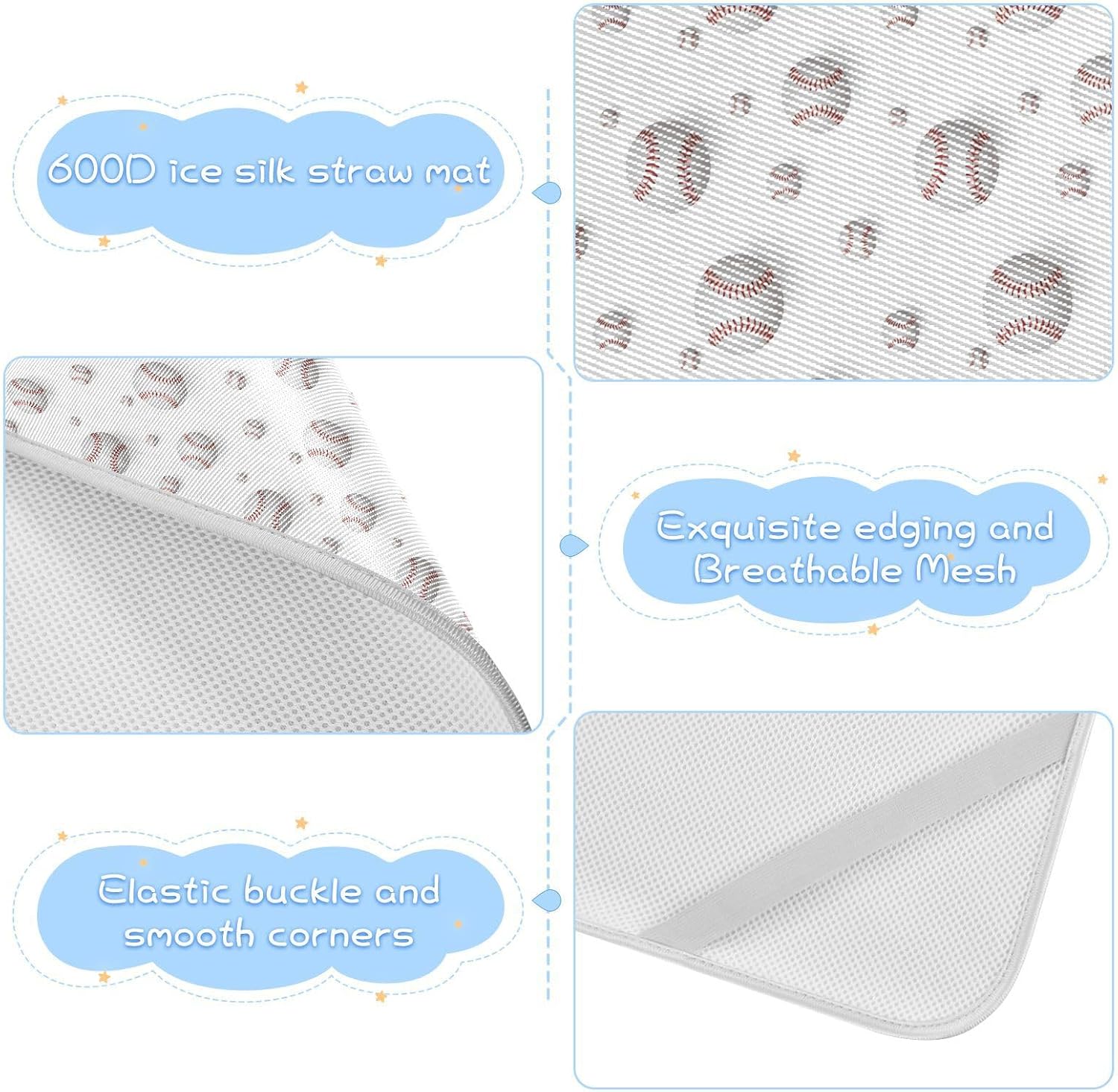 Baby Cooling Mat Baseball Theme Ice Silk Breathable Mesh Summer Crib Mattress Pad with Pillowcase, Soft Cooling Sleeping Surface for Infant & Toddler, 52"x28"