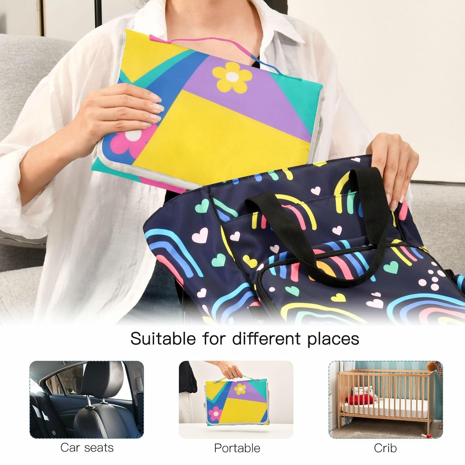 Colorful Geometric Shapes Yellow Flowers Reusable Changing pad Covers with Tissue Pocket Portable Baby Changing pad with Built-in Pillow cambiador de pa?ales para Bebes