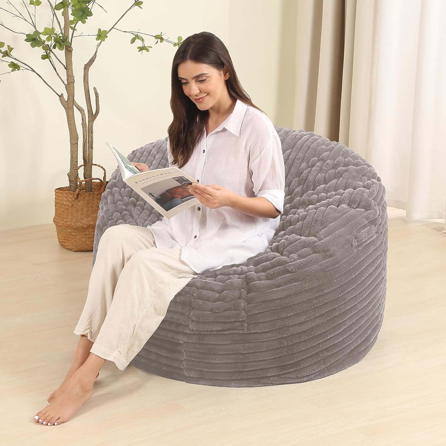 3FT Bean Bag Chair for Adults/Teens, Memory Foam Bean Bag Sofa with Fluffy Removable Cover, for Living Room, Bedroom, Dorm, Grey