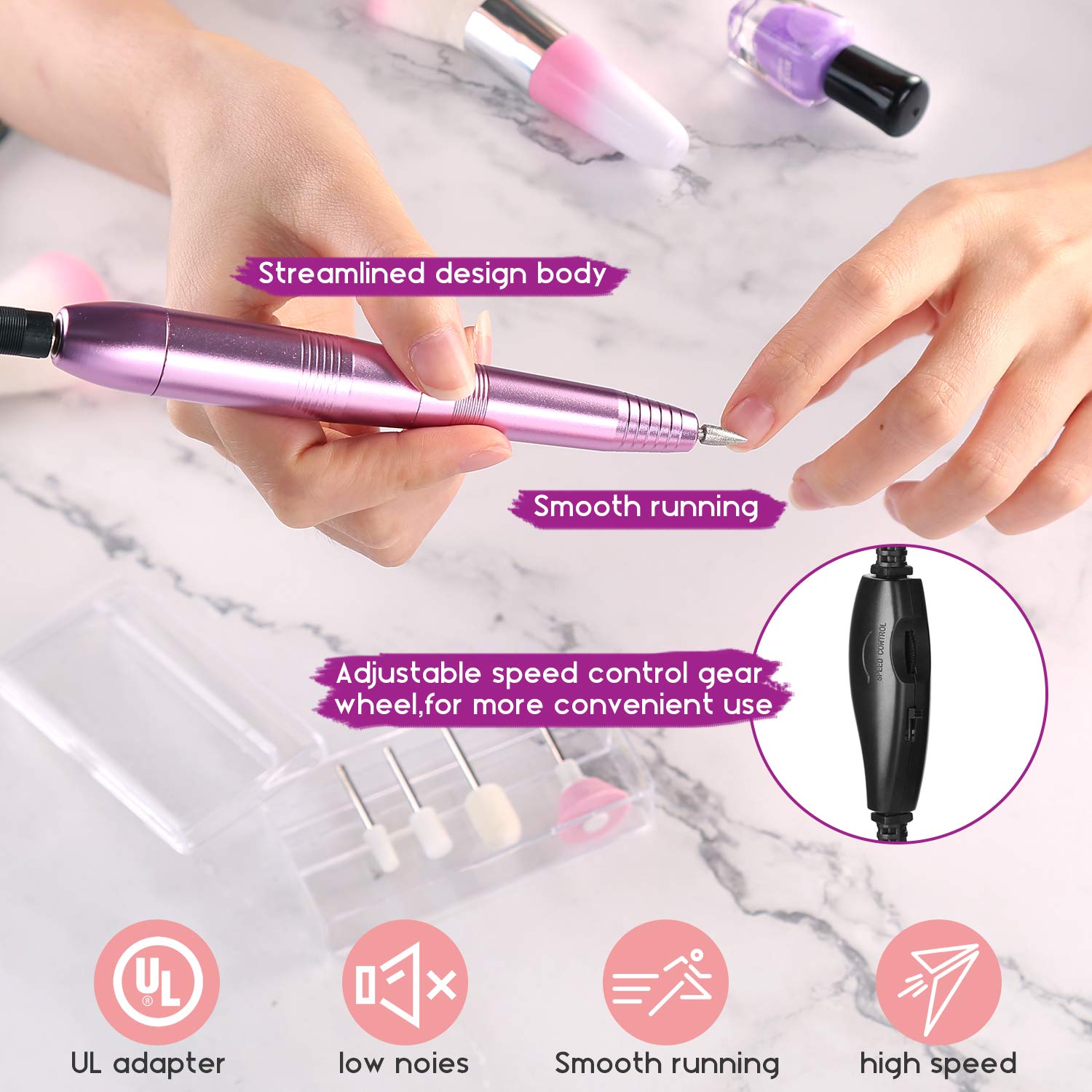 AGPTEK Nail Drill Set, Electric Nail Drill Kit Portable and Professional Nail File Kit for Acrylic Nail, Gel Polish, Manicures and Pedicure, Ideal for Nail Salon, Studio and Home Use,Purple