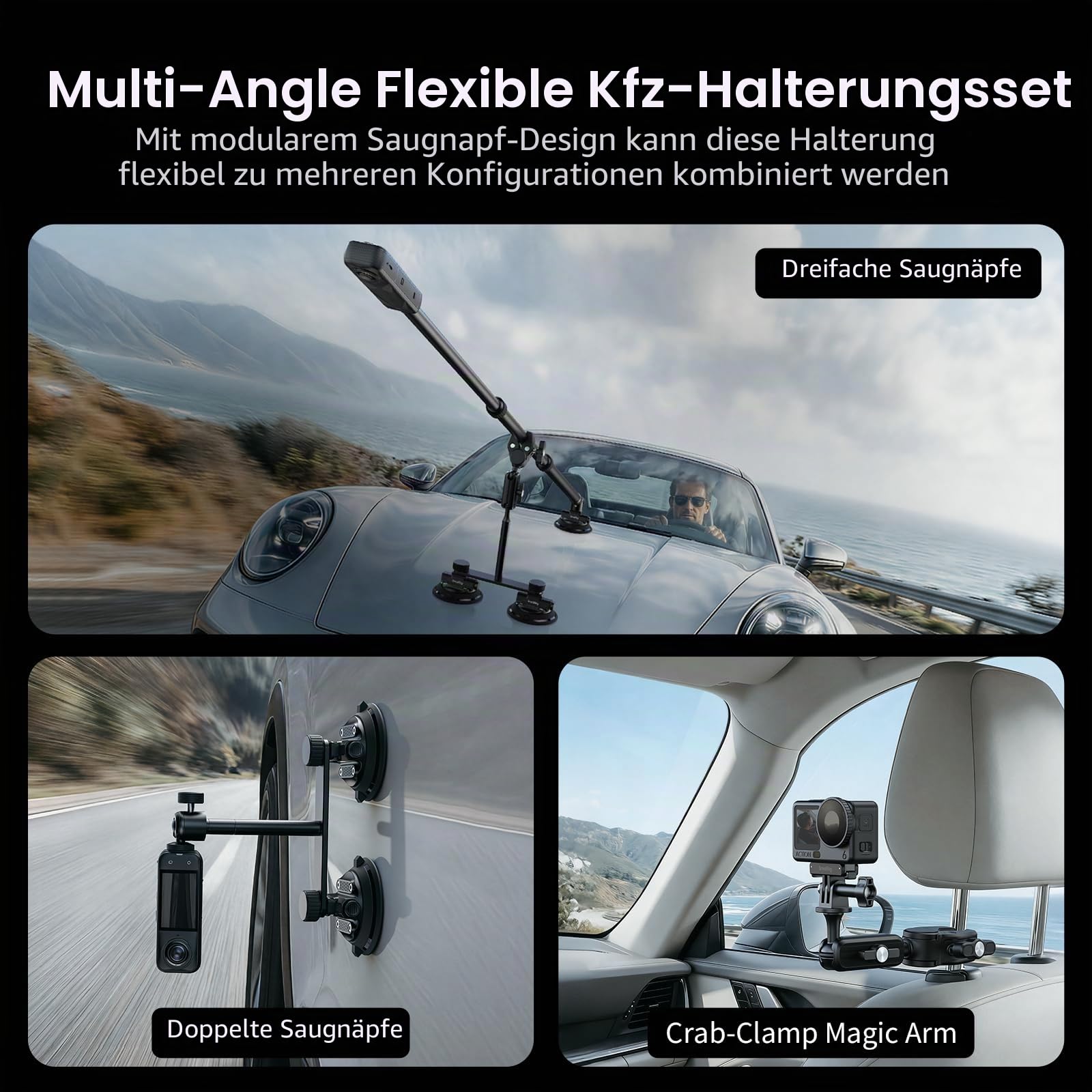 SMALLRIG Autohalterung für Insta360 X5/X4/X3, für DJI OSMO 360 / Action, für GoPro, Triple-Saugnapf-Halterung Kit mit 120 cm teleskopischem Selfie-Stick, Kugelkopf, Magic Arm Klemme, Adapter- 5843