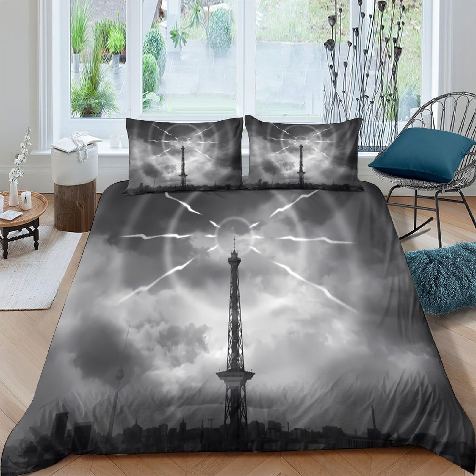 Ctjqhvkz Style-10 3D Printed Eiffel Tower Night Fitted Sheet Microfiber Black White Lightning Mattress Cover For Bedroom Home Decor Single（135X200cm）