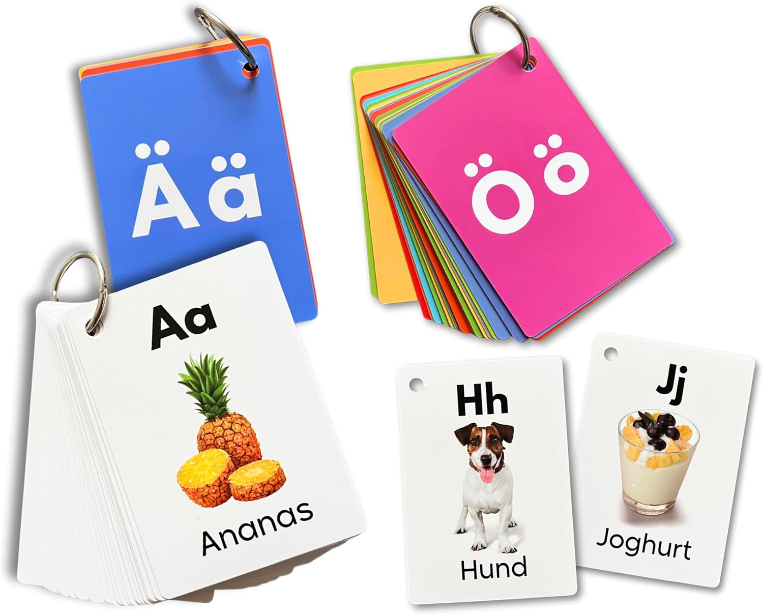 German Alphabet Flashcards for Kids First Word Cards for Preschool Children and Toddlers Teaching Letters ABC English Words Uppercase and Lower Case Letters Realistic Images