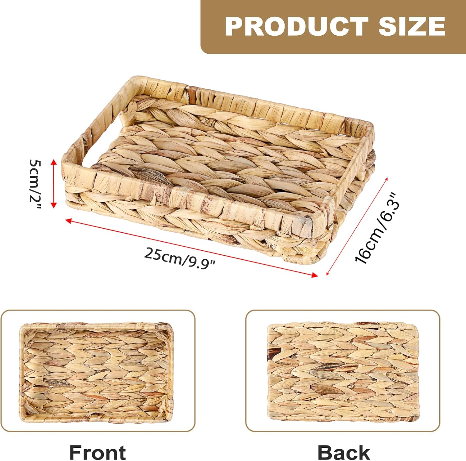 Bathroom Vanity Tray, Water Hyacinth Woven Narrow Basket with Handle | Wicker Organizer Tray for Toilet Paper and Hand Towels Storage, Decorative Boho & Farmhouse, Great for Tank Shelves Counter