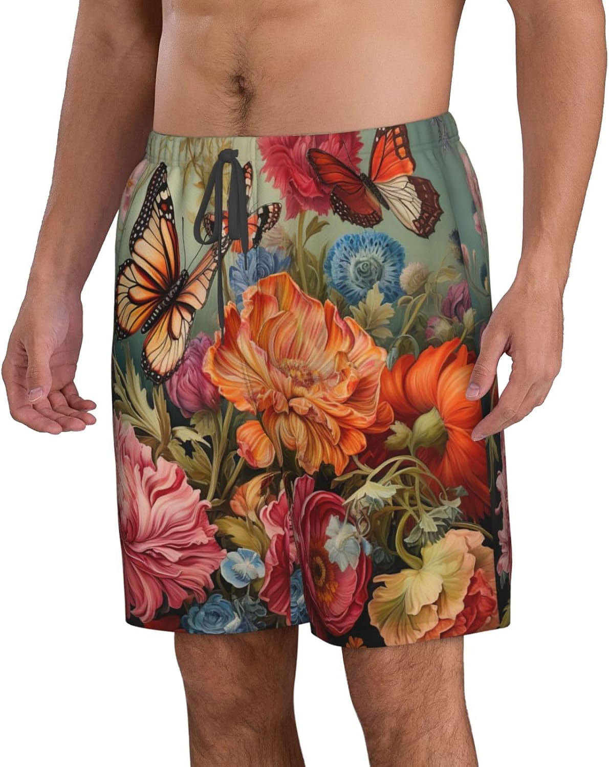 Flowers and Butterfly Print Men's Quick-Drying Shorts Casual Beach Pants Stretch Waist Shorts and Pockets