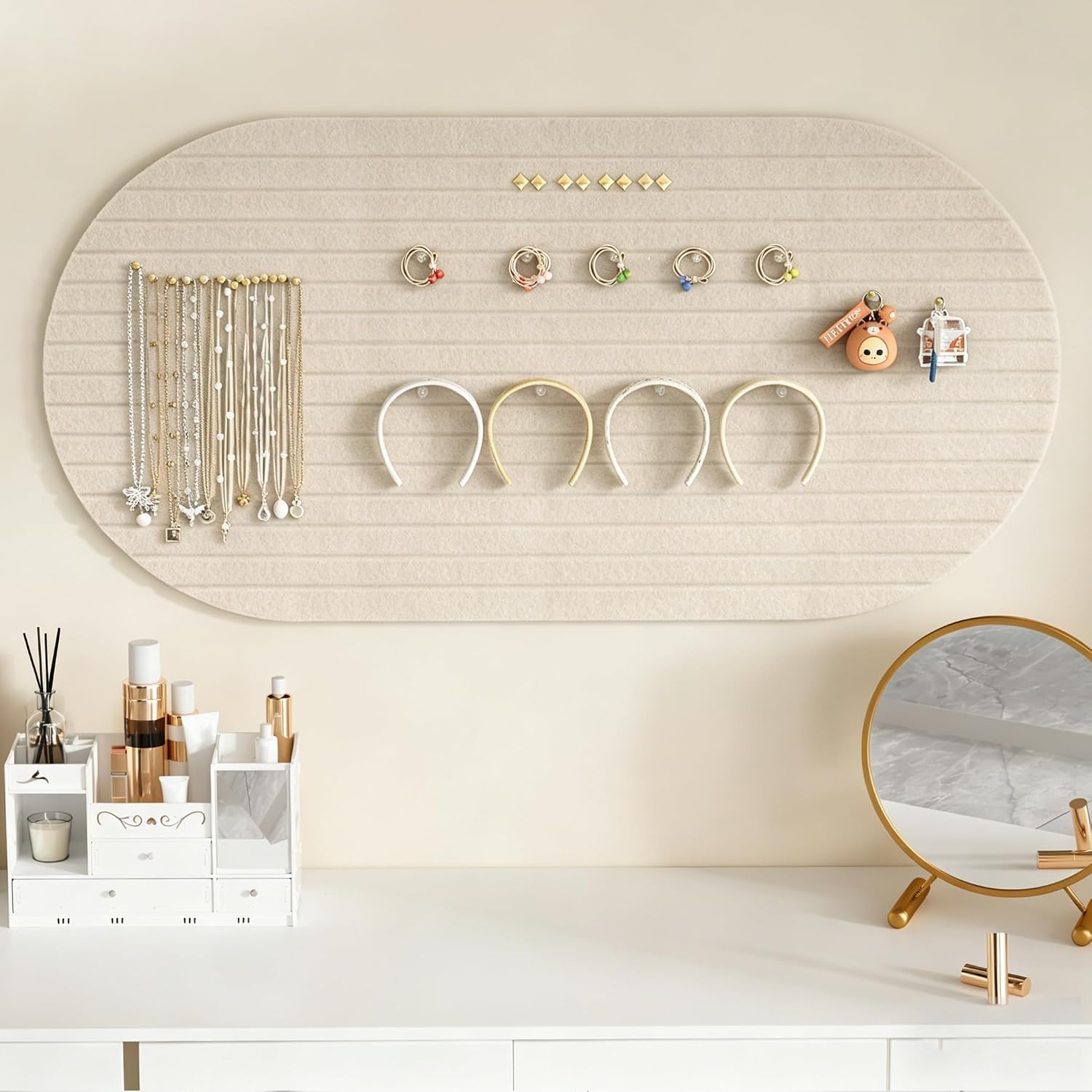 Felt Bulletin Board, 47" x 24" Cork Board Alternative, Decorative Felt Pin Board with 30 Push Pins, Vision Board for Office Home Bedroom Wall Decor, Photo Display (Beige, Oval - 47 x 24 Inches)