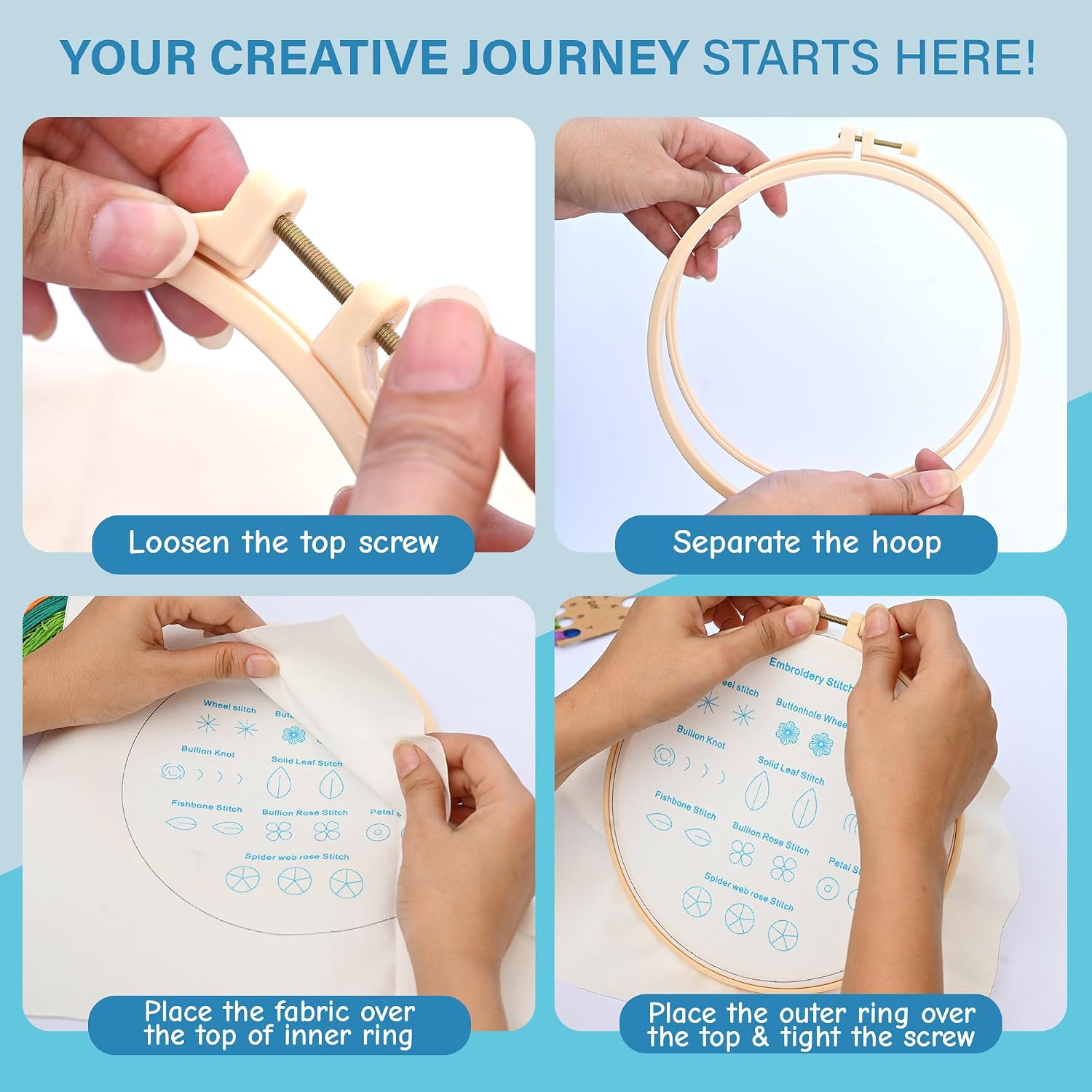 Beginner Embroidery Kit – Learn 28 Stitches – DIY Embroidery Set with 3 Hoops, Stamped Patterns, Needles, Scissors, Thread – Complete Cross Stitch Kit for Adults, Teens, Beginners & Crafters image 3