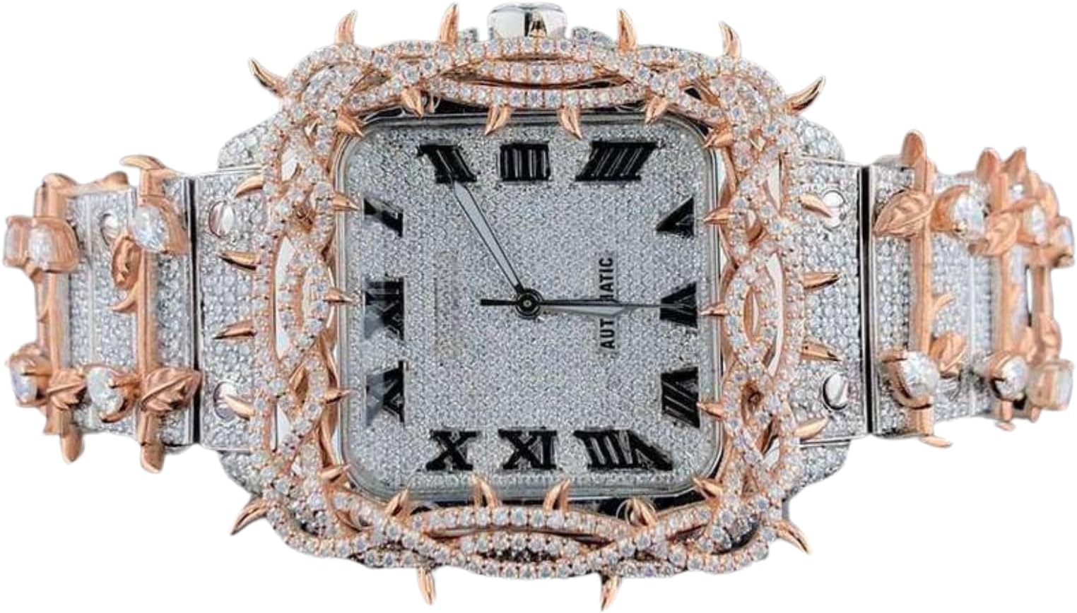 Men's Moissanite Diamond Watch Silver Gold Square Dial Simulated Diamond Roman Numerals Full Pavé Bracelet Timepiece Unique Iced Look Wrist Watch for Gift or Occasion Wear for Him & Her