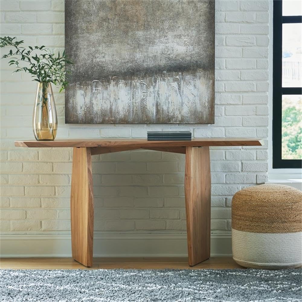 BOWERY HILL Modern Console Table, Solid Acacia Wood, Natural Finish, 64" W x 18" D x 32" H, Free Form Shape, Double Pedestal Base, Contemporary Style Sofa or Entryway Table for Home Decor