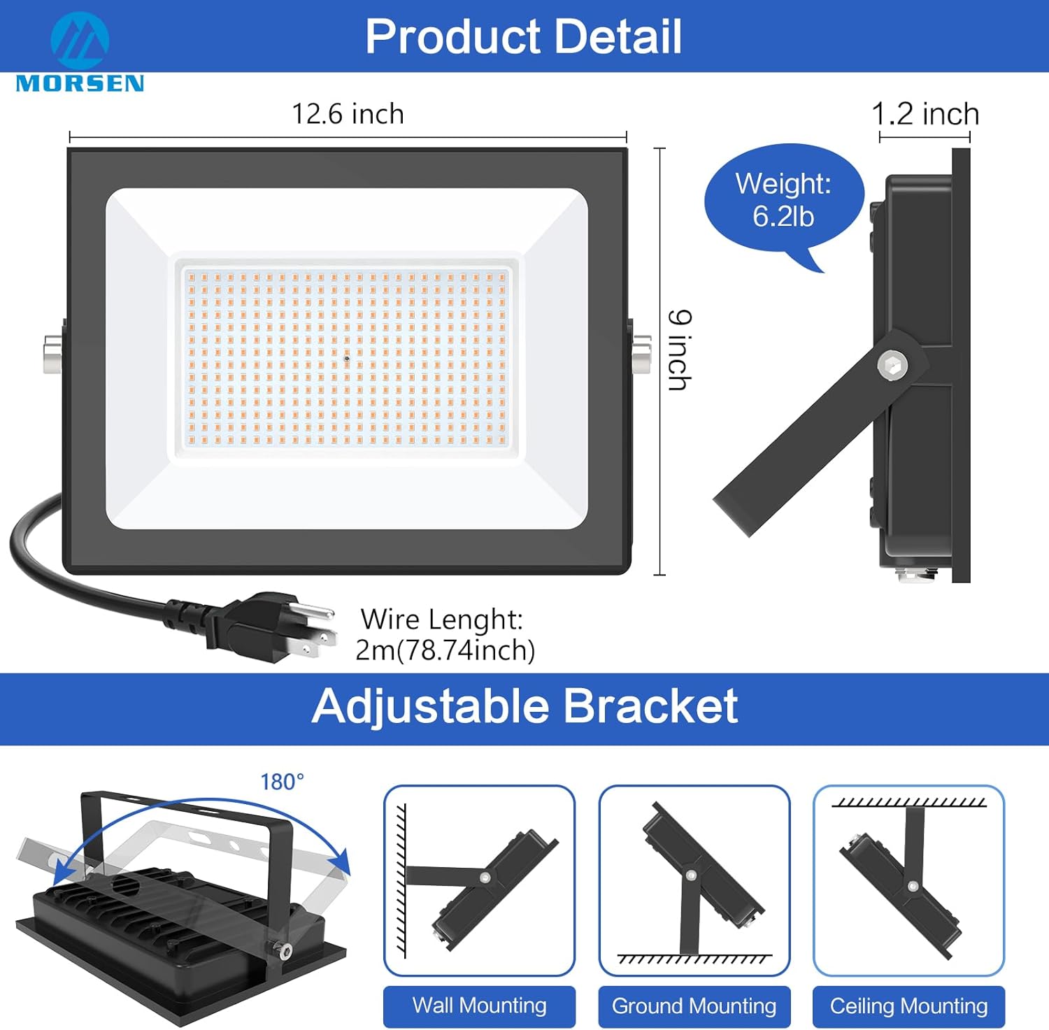MORSEN 300W Flood Lights Outdoor, 45000lm Bright LED Work Light with Plug, 3000K Warm White LED Flood Lighting, IP66 Waterproof Security Lights for Yard Garage Stadium 2 Pack
