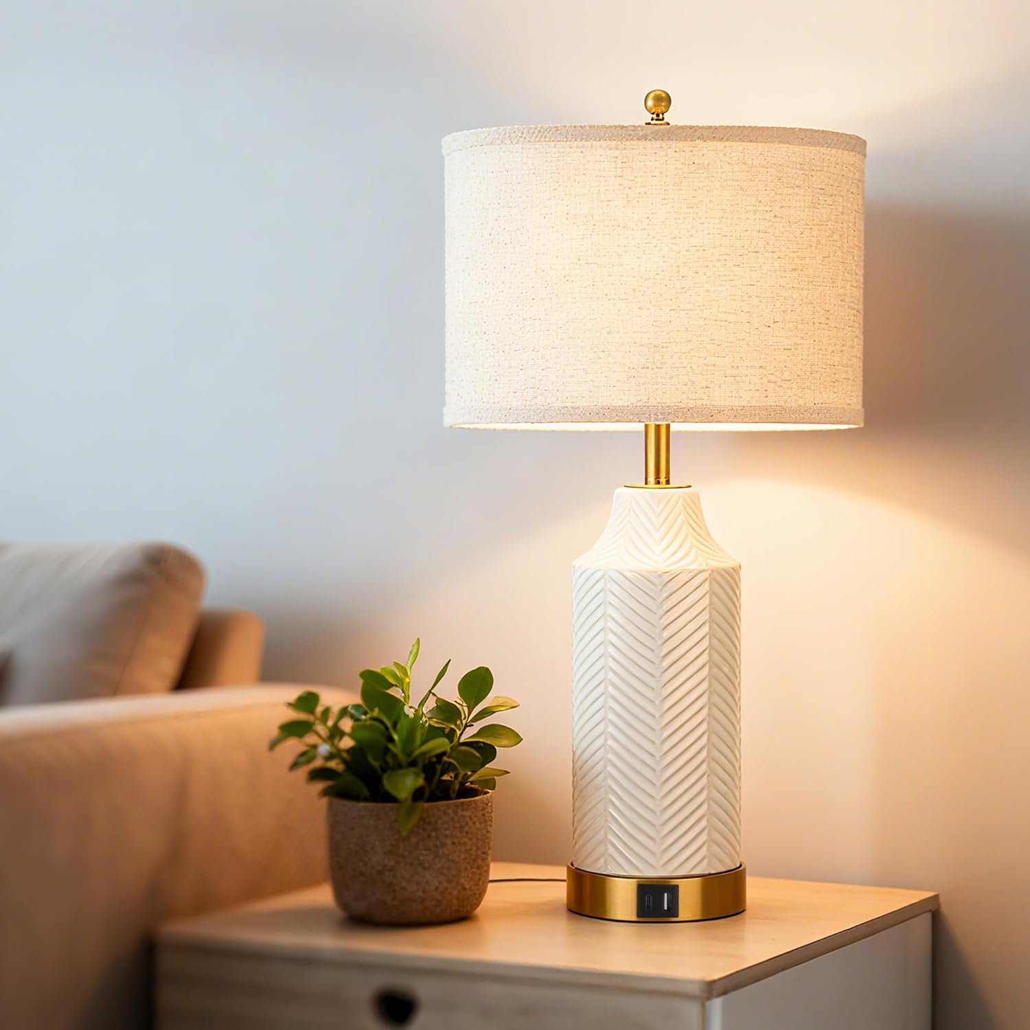 22" Ceramic Table Lamps with USB A+C Ports for Living Room, Dimmable Nightstand Touch Lamps Set of 2 with Linen Shade, Modern Bedside Lamp for Bedroom Home Decor, No Bulbs (1, White and Beige)