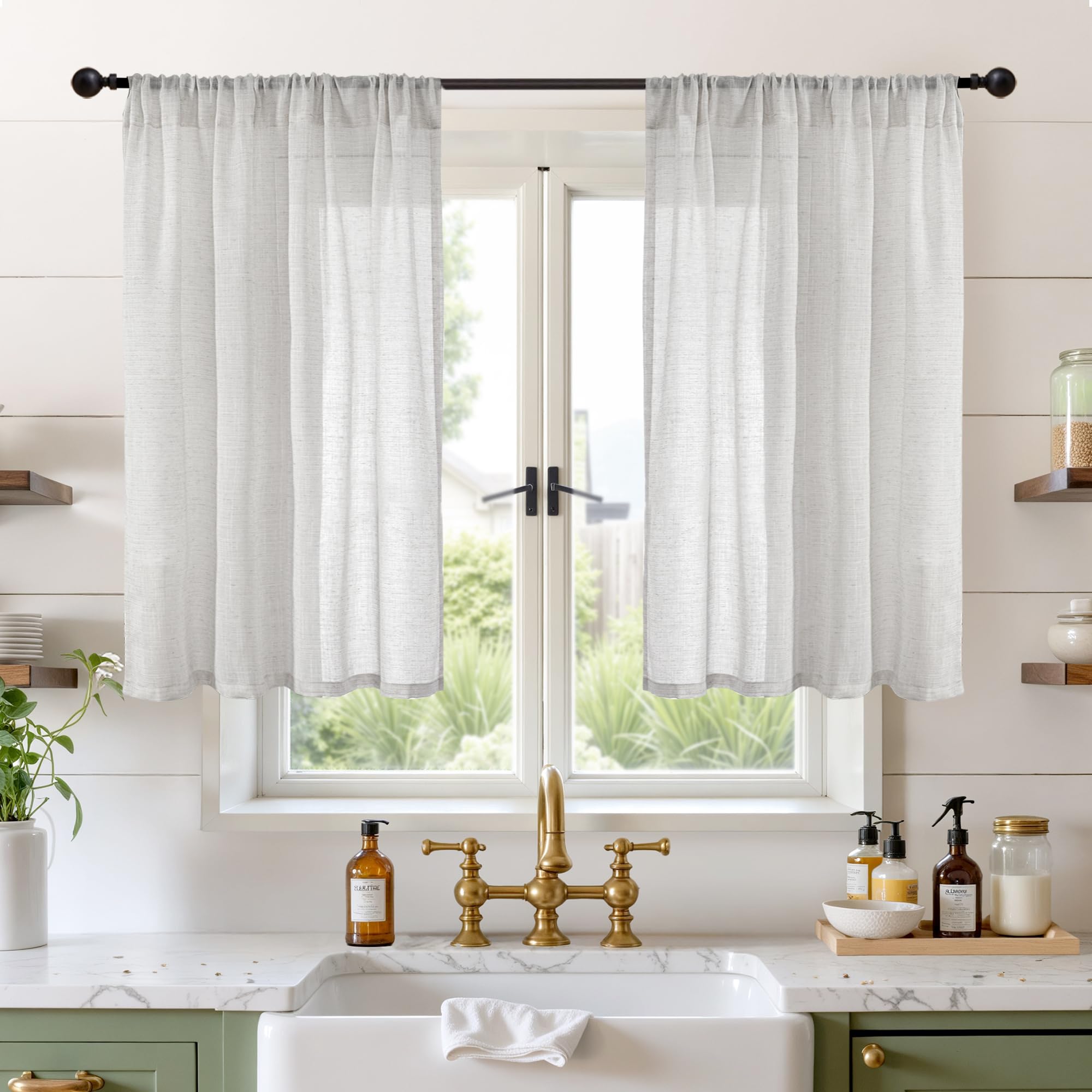 BGment Light Grey Linen Curtains 40 Inch Length - Rod Pocket Kitchen Drapes Light Filtering for Bathroom Window Lightweight, 2 Panels Set, 42 X 40 Inch