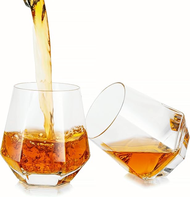 Diamond Whiskey Glasses Whisky Glass: Set of 2 Unique Geometric Tilted Wine Tumbler Crystal Old Fashioned Rock Lowball Glasses for Cocktail Scotch Cognac Bourbon Drinking Bar Glassware Cups 10oz Clear
