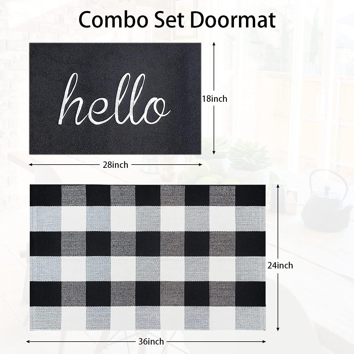 LAN SHAN QUE Hello Welcome Mat with Non Slip Rubber Backing+Buffalo Plaid Rug 24”x36” for Layered,Decorative Outdoor Indoor Combo Set Doormat,High Traffic Areas Front Door Rug
