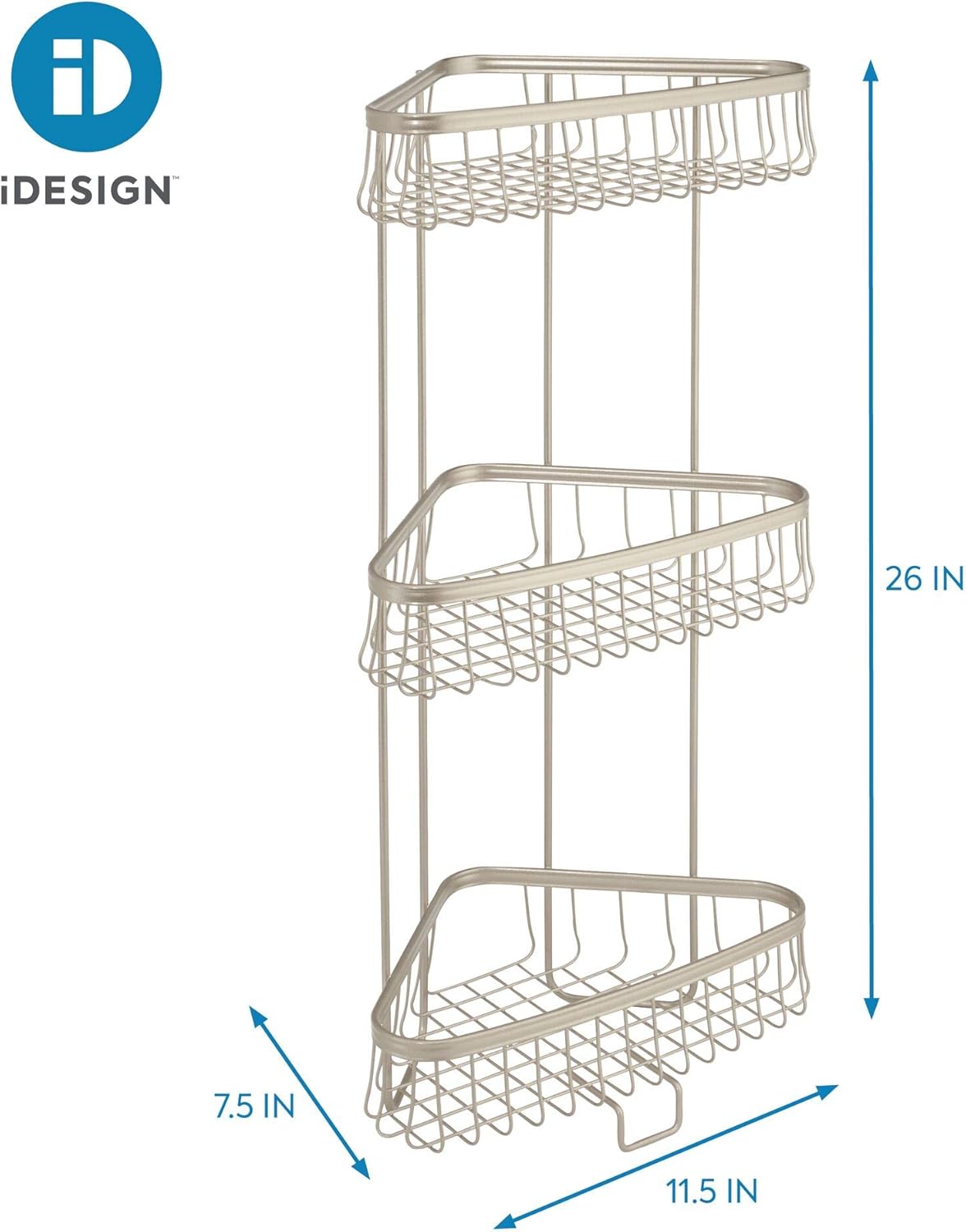 iDesign York Metal Wire Corner Standing Shower Caddy 3-Tier Bath Shelf Baskets for Towels, Soap, Shampoo, Lotion, Accessories, Satin