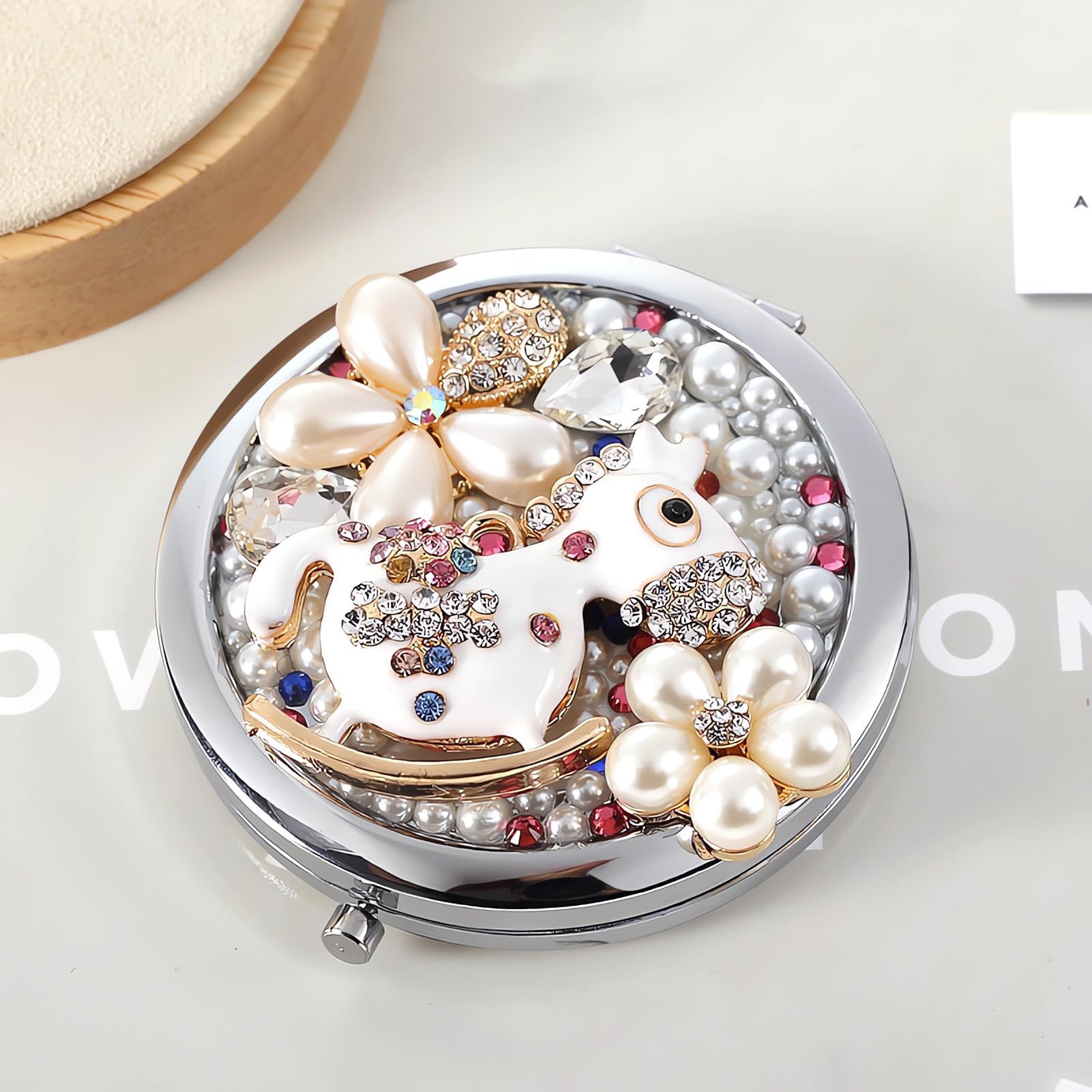 Cute Compact Mirror Hobbyhorse Small Mirror Girl's Gift Travel Mirror 1x/2x Magnification Travel Makeup Mirror (Hobbyhorse)