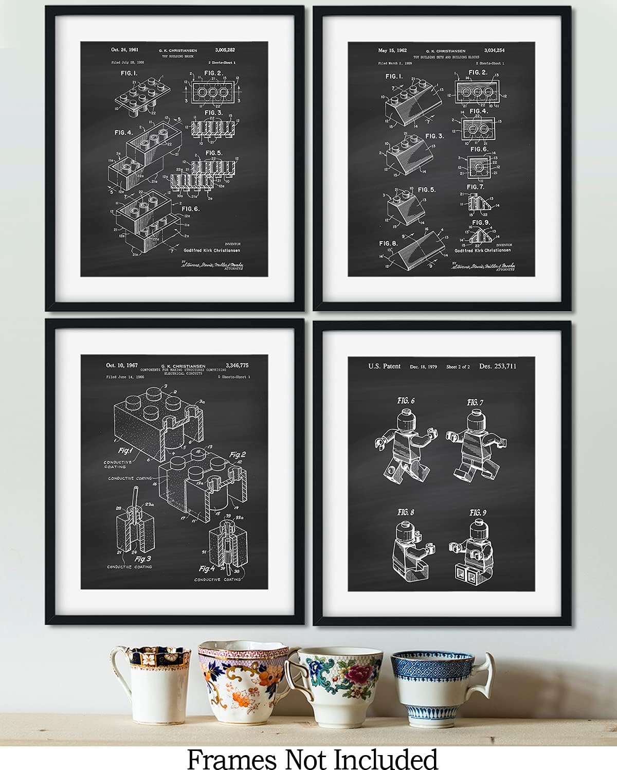 Govivo Legos Patent - A Set of Four Lego Patents Wall Art Decor Prints with dark gray backgrounds - unframed artwork printed on photograph paper image 2
