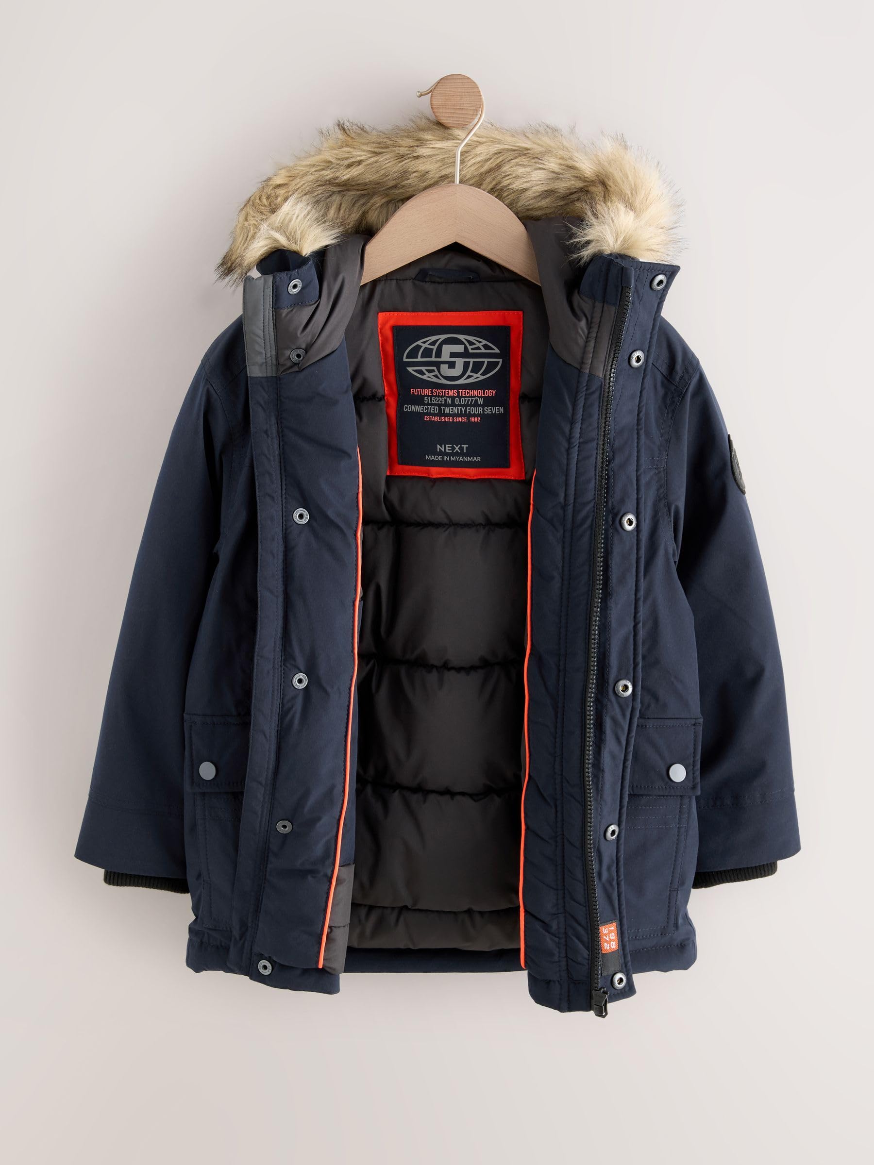 NEXT Ragazzo Parka impermeabile pesante con finiture in pelliccia sintetica | Bambino, Standard, Zipper, Lavabile in lavatrice