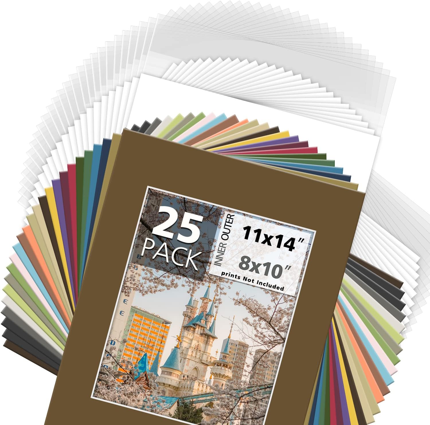 MBC Mat Board Center, Pack of 25, 11x14 Mixed Colors White Core Picture Mats for 8x10 Photo + Backing + Bags