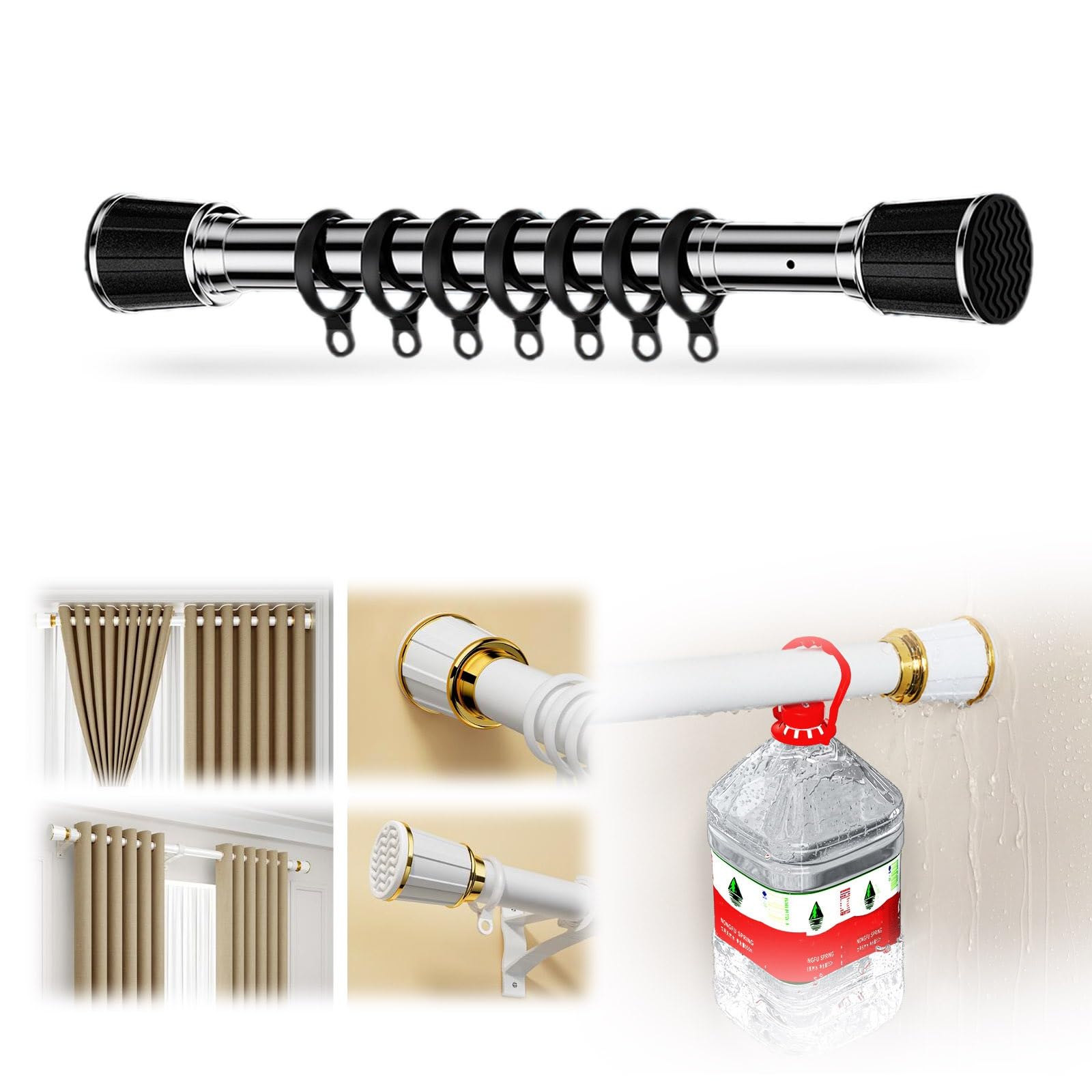 Lot de 2 tringles à rideaux télescopiques pour fenêtres, tringle à rideau de douche de 40,6 à 597 cm, tension à ressort antidérapante, réglable sans perçage