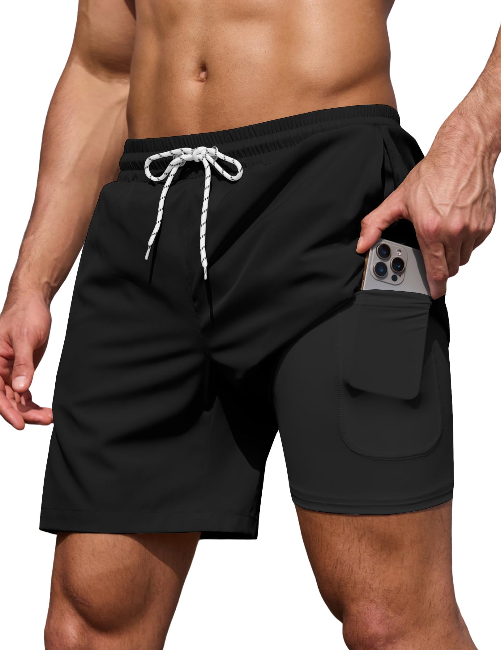 Men's 7" Swim Trunks with Compression Liner Stretch Swimming Shorts with Zipper Pockets