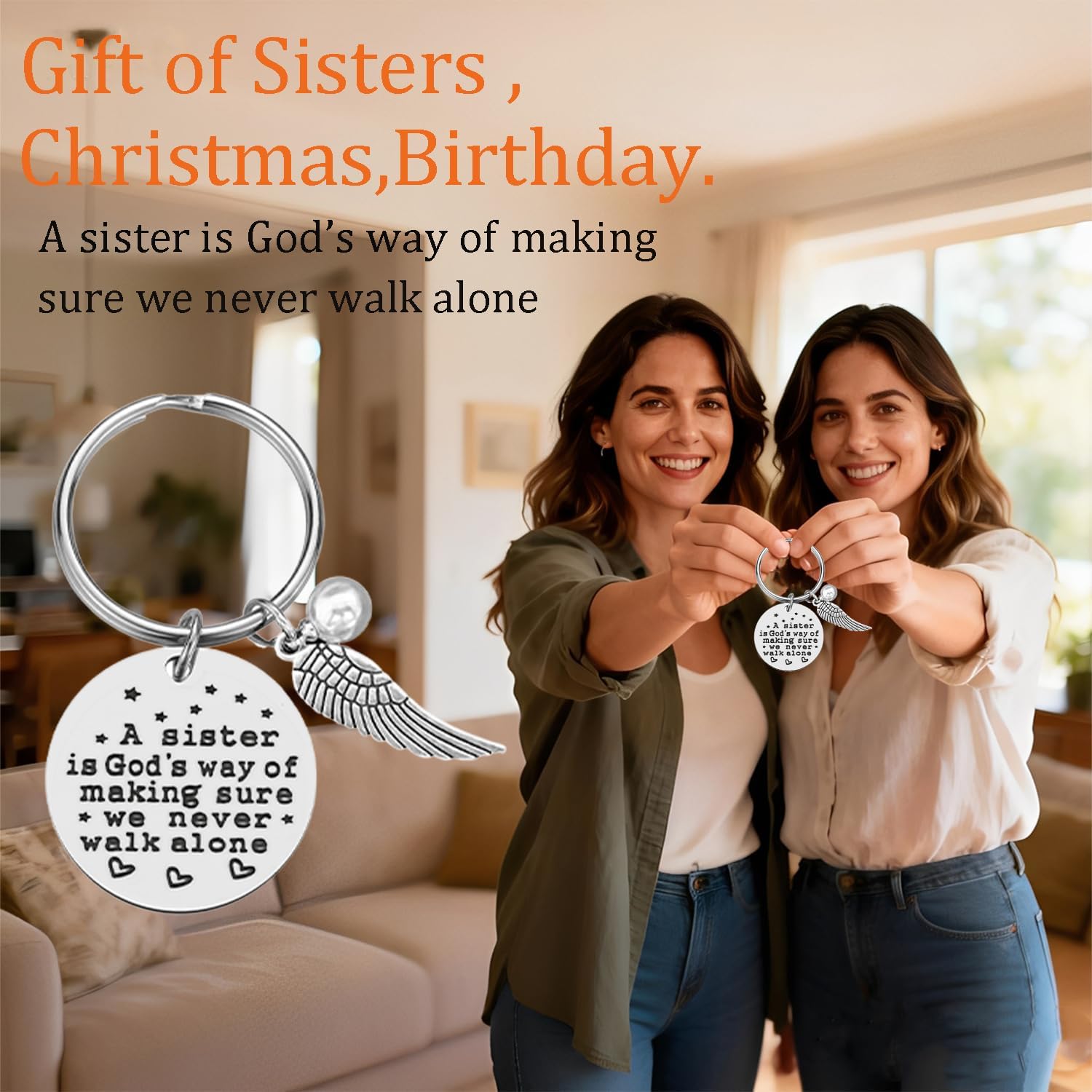Sister Gifts - A Sister is God's Way of Making Sure We Never Walk Alone Keychain Key ring for Sister’s Birthday Christmas Gifts - Image 2