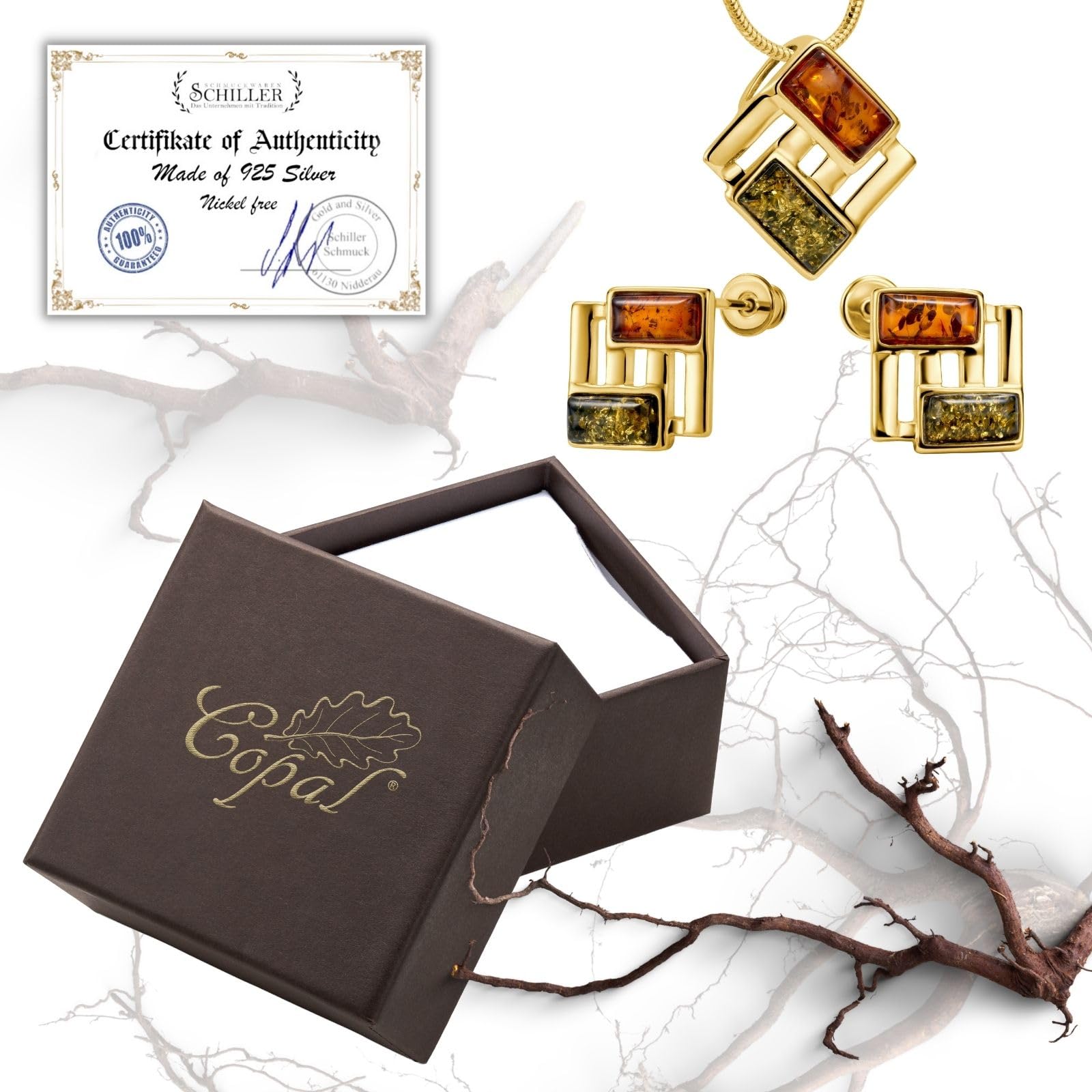 Copal Damen Bernstein Schmuckset Silber 925 Goldplattiert Mit Bunt Anhänger