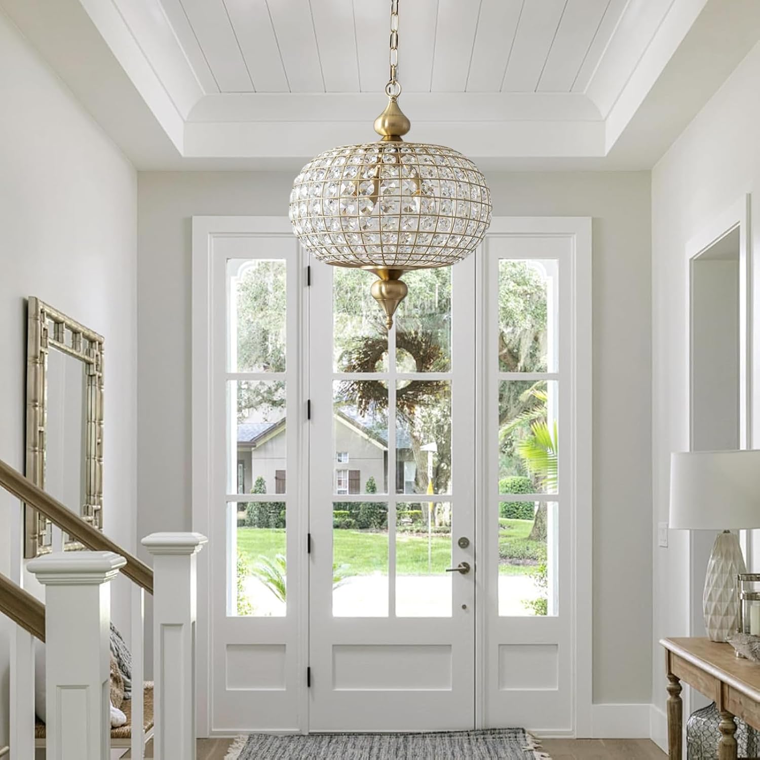 Bofea-Crystal Globe Chandelier 16.5 in Modern Gold Pendant Light for Dining Room Adjustable Foyer Chandelier 4-Light Antique Brass Chandeliers Round Crystal Chandeliers for Living Room,Bedroom