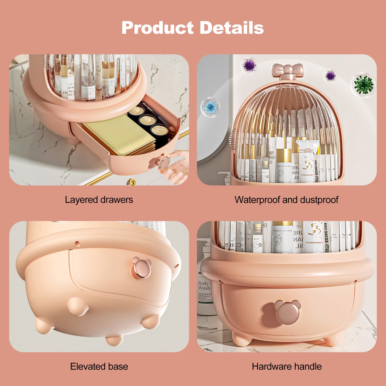 Galatée Tragbare Make Up Organizer Hohe Flasche Kosmetikbox Kosmetische Aufbewahrungs Box Mit Staubdichtem Deckel, Beauty Organizer Mit 1 Schubladen - 25 * 25 * 35cm -Pink