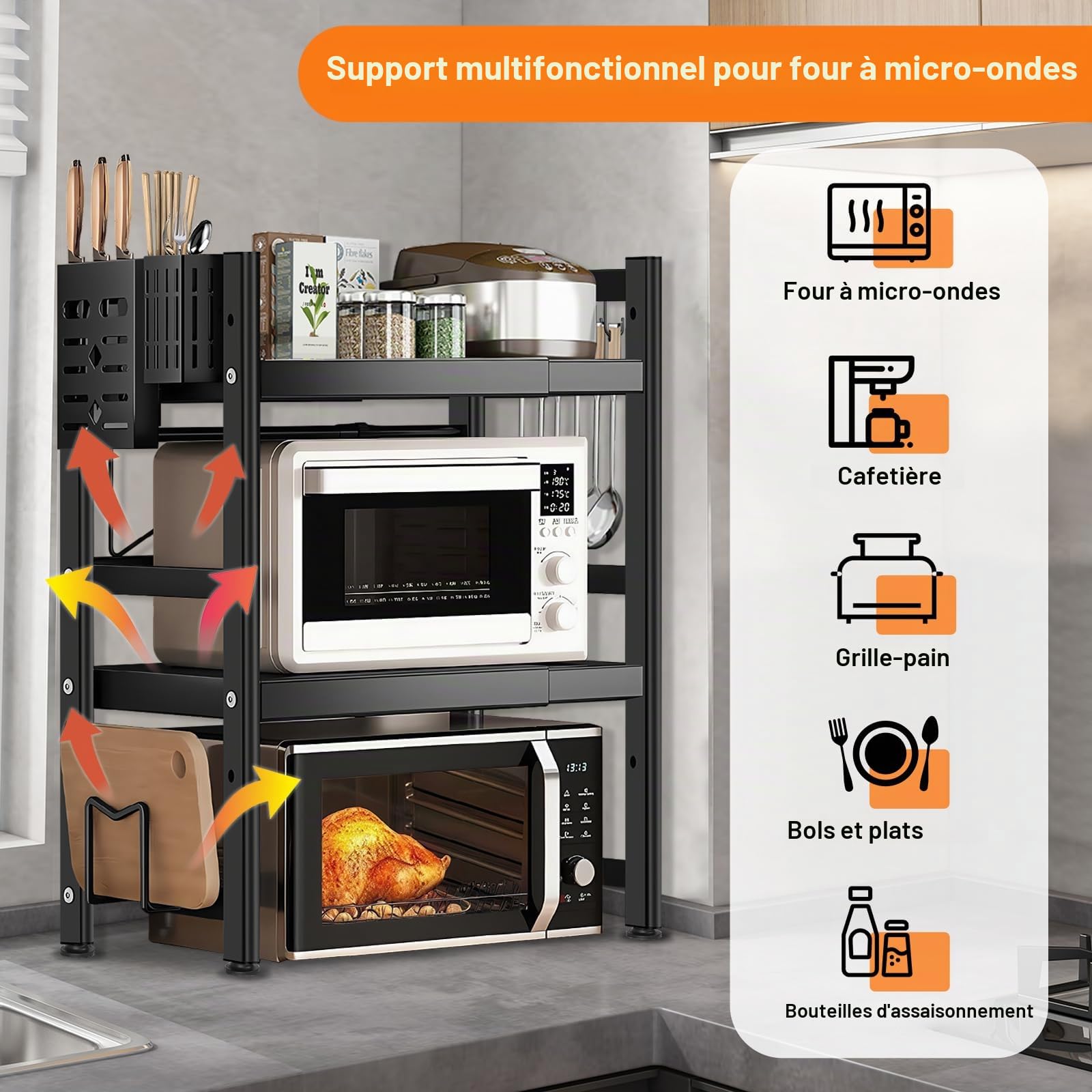 Étagère Extensible à 3 Niveaux pour Micro-Ondes, réglable pour comptoir de Cuisine et Rangement au-Dessus du Four à Micro-Ondes, Couleur Noire