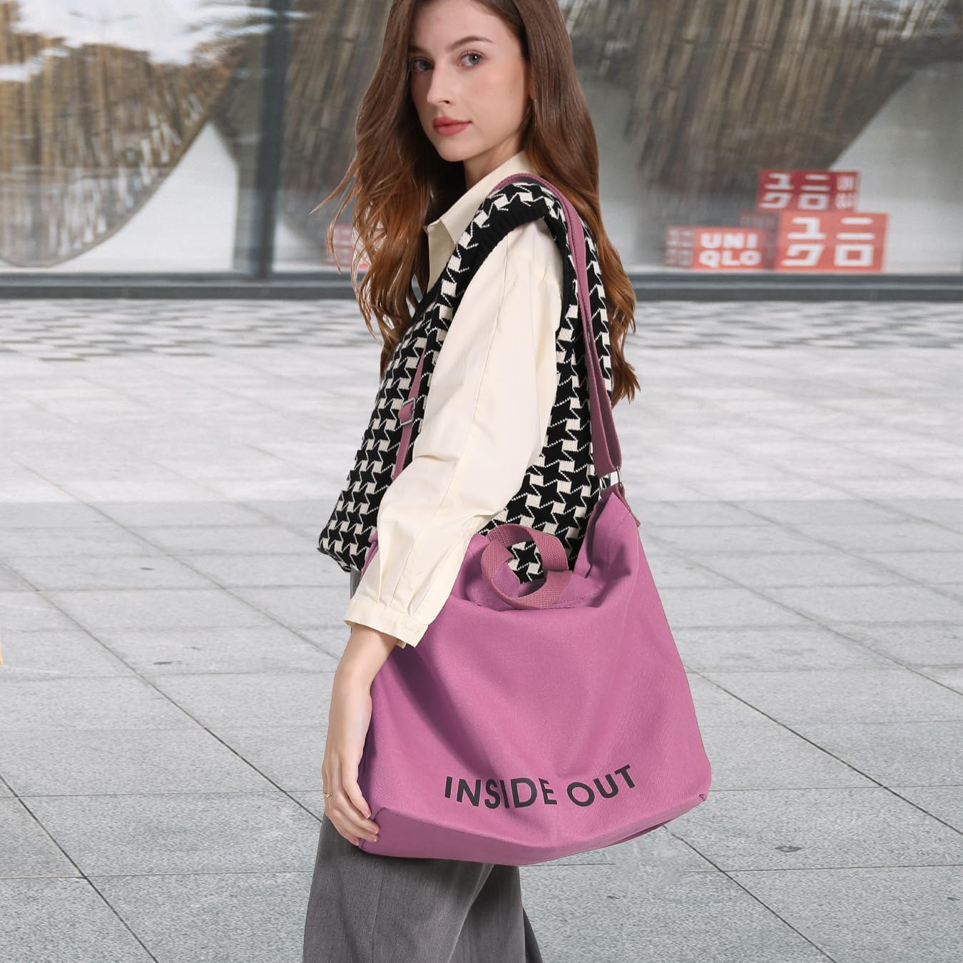 Canvas Tote Bag For Women inside out bag Crossbody Handbag with Adjustable Strap and Coin Purse for Work,Travel,Grocery