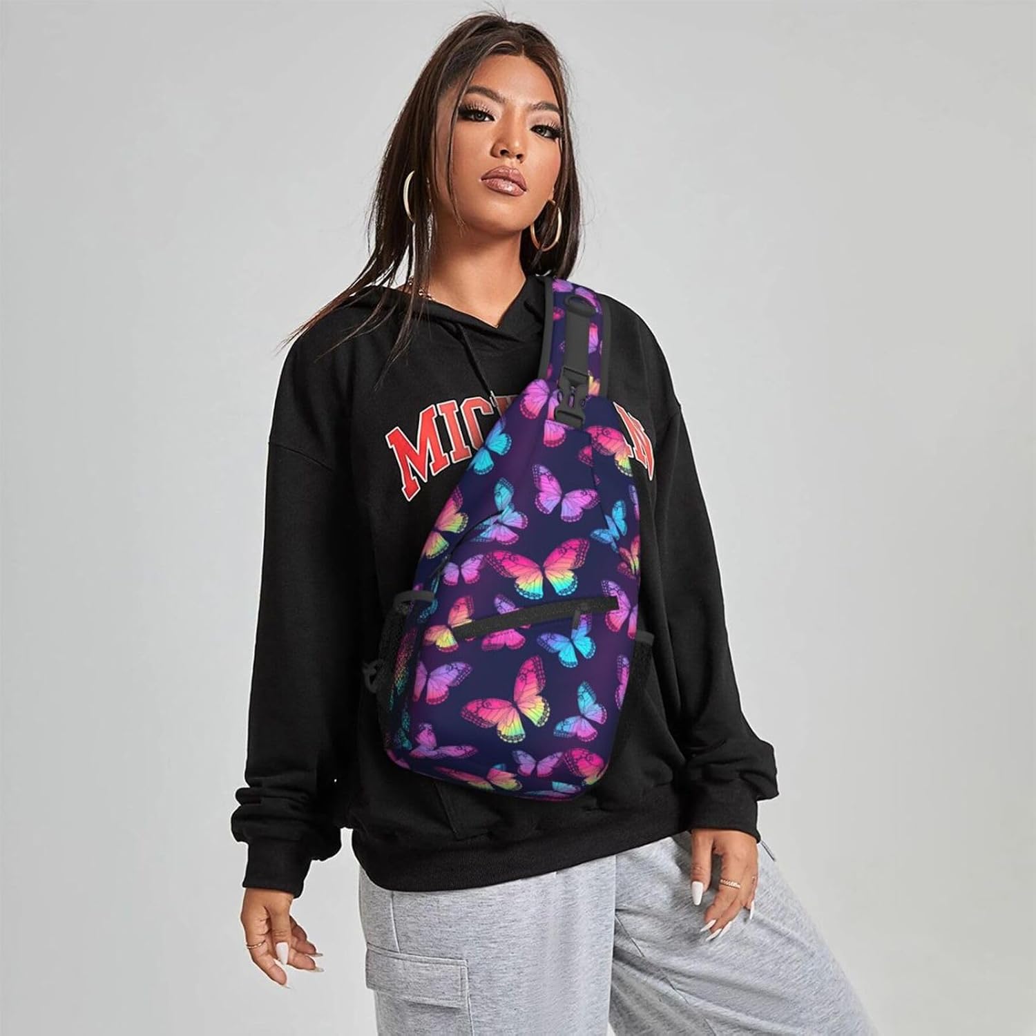 Famame Rainbow Butterflies On Blue Sling Backpack Chest Bag Crossbody Shoulder Bag Gym Cycling Travel Hiking Daypack For Men Women - Image 5