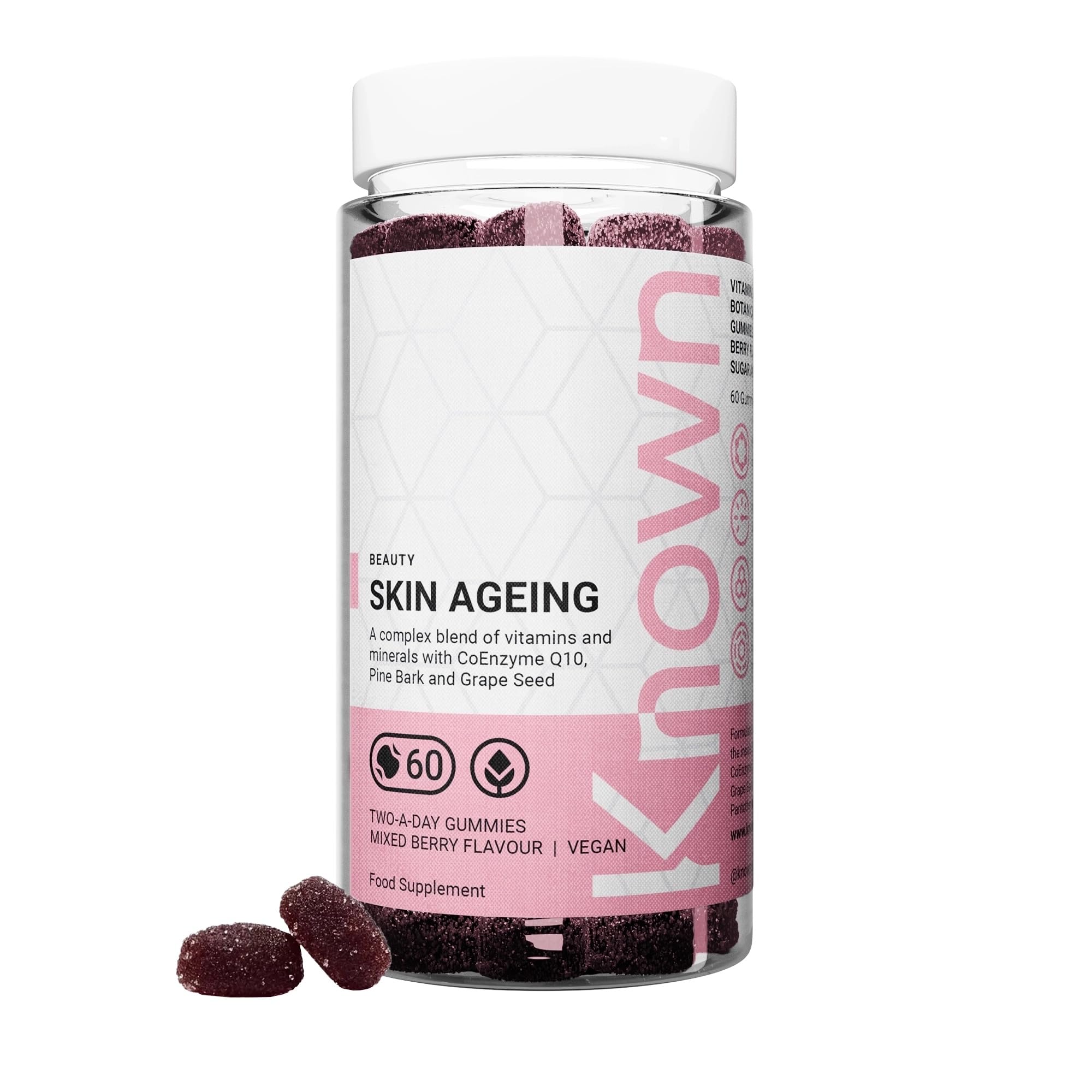Known Tasty Skin Ageing Gummies - Vitamin C, Selenium - Supports Skin, Antioxidant - Natural Mixed Berry Flavour - 60 Vegan Gummies, 1 Month Supply