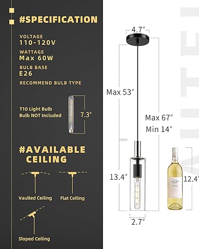 Miniatura 3 de AUTELO Paquete de 3 luces colgantes para isla de cocina, modernas luces colgantes negras, lámparas colgantes de vidrio cilíndrico, iluminación