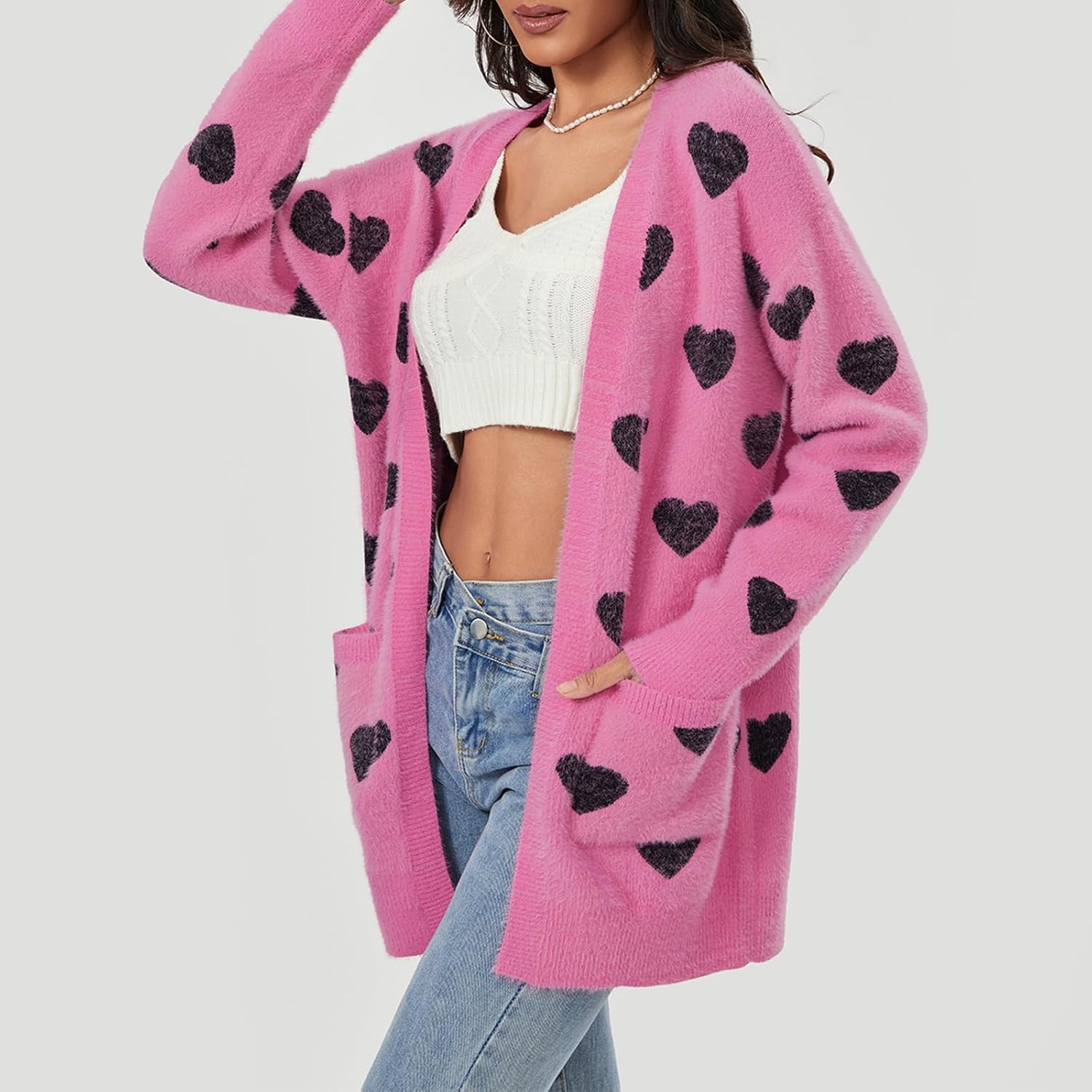 Women's Heart Knit Cardigan Valentines Long Sleeve Open Front Knitted Sweater Fall Spring Coat Tops Outwear - Image 2