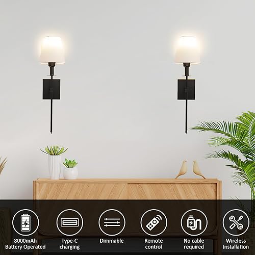 Miniatura 6 de Juego de 2 lámparas de pared con pilas, no con cableado, lámpara de pared con batería con foco regulable a distancia, fácil de instalar, sin cables,