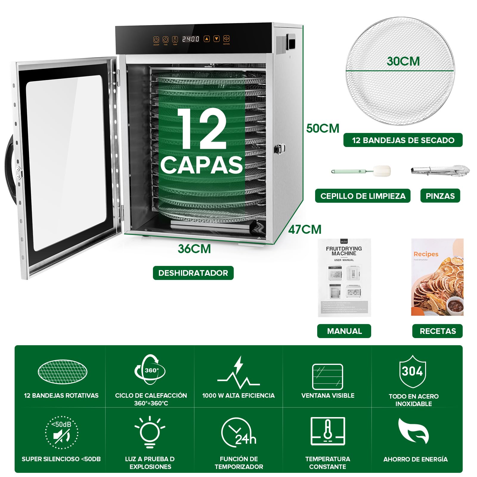 Kwasyo Deshidratador de Alimentos de Acero Inoxidable con 12 Rotar Bandejas, 1000W Secado eficiente de 720° con doble ventilador, Temporizador Temperatura Ajustabledeshidrata fruta, carne, verduras