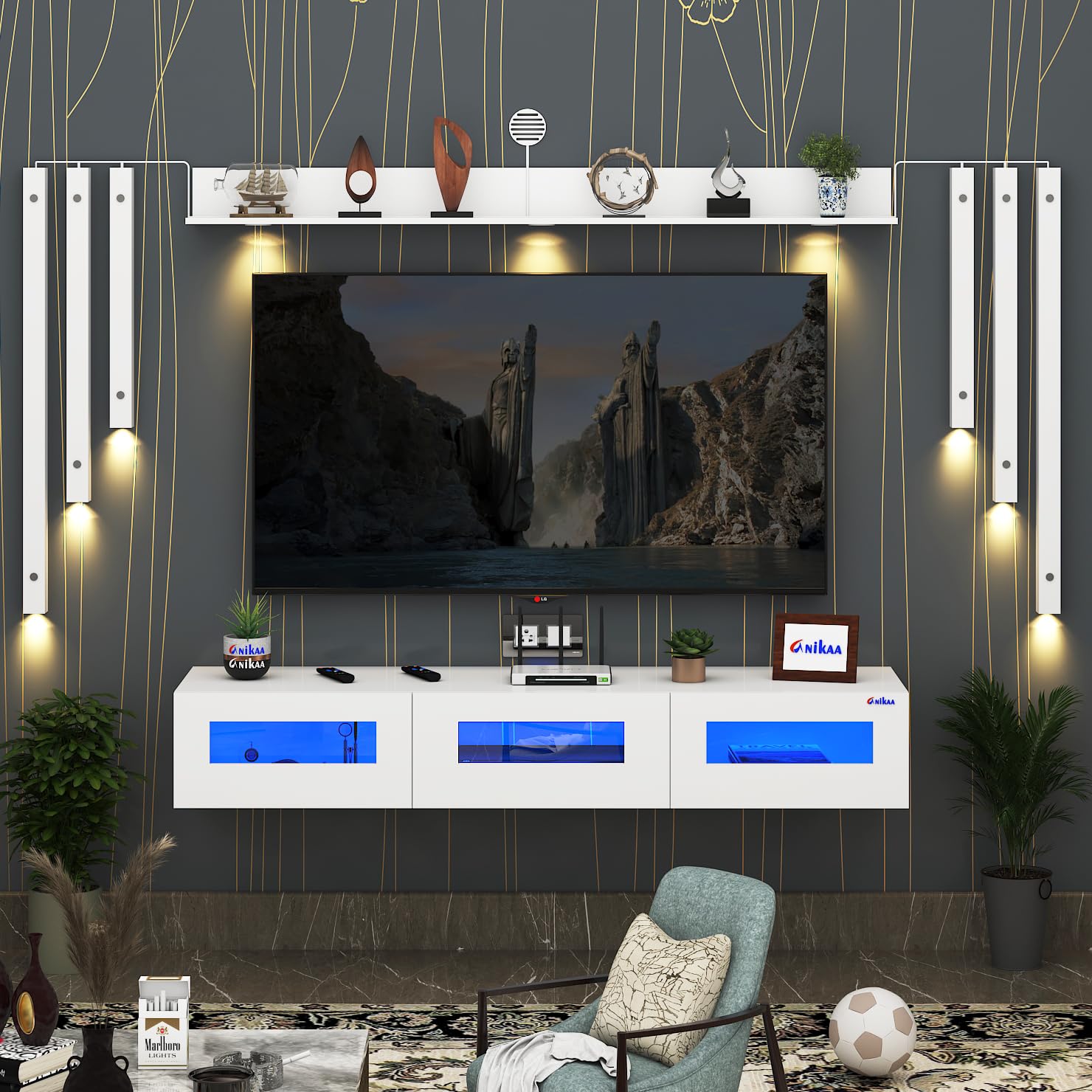 Anikaa RayzaNote Engineered Wood Wall Mount TV Unit Acrylic Blue