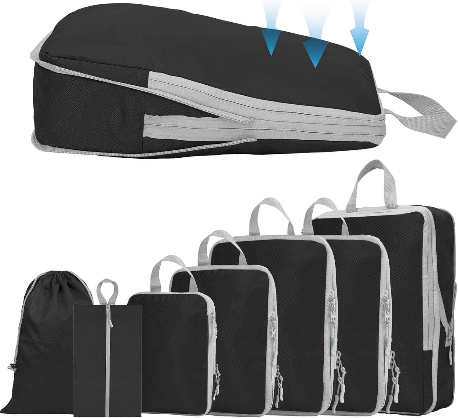 YYDSLEE Sac Compression Voyage Packing Cube 7-pièces Sacs à vêtements Cubes d’emballage Sacs à vêtements Set Organisateur de valise Cubes de voyage Accessoires Camping d’emballage Rangement Sacs(Noir)